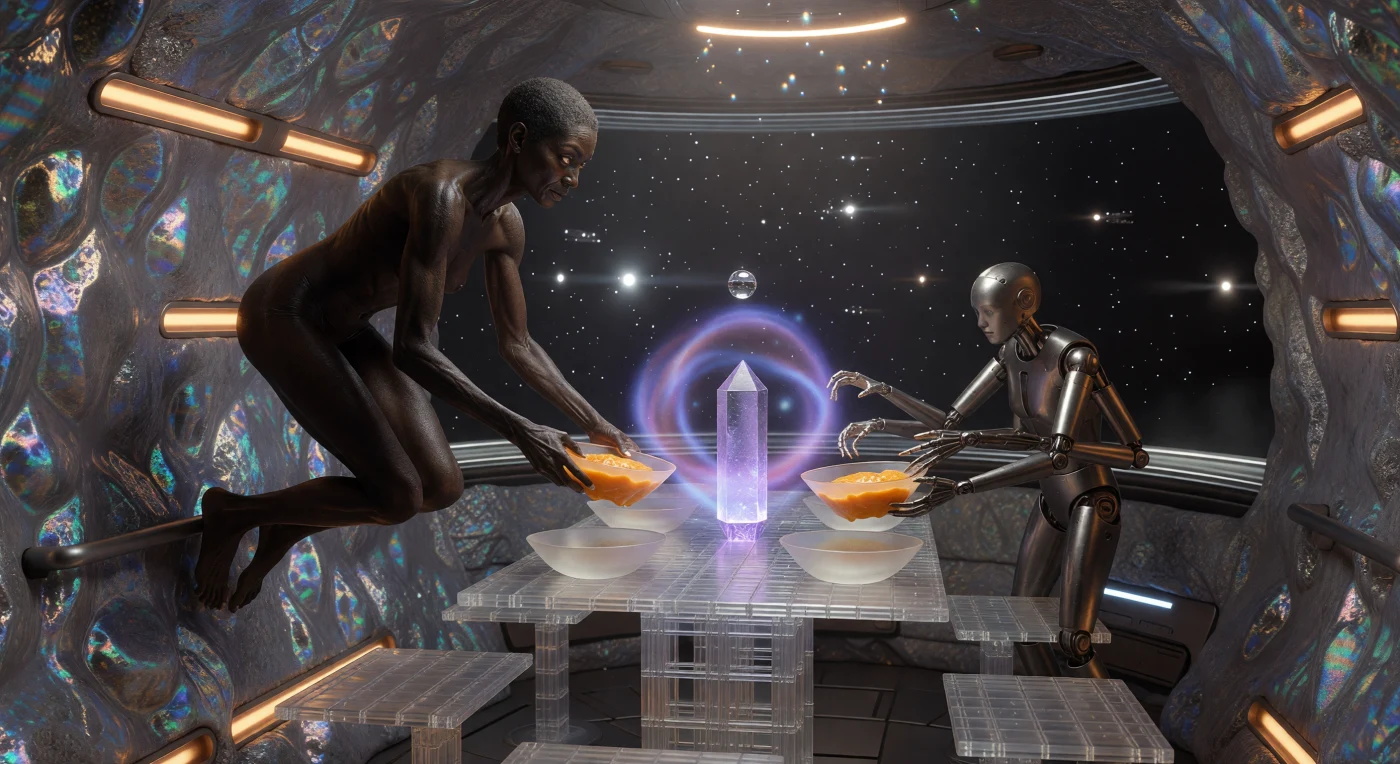 Set within the hollowed interior of the metallic asteroid 16 Psyche, this scene captures a "Heritage Night" feast during the Convergence (c. 2100–2200 AD), a period defined by the rapid diversification of the human lineage into post-biological forms. A bio-engineered Litho-Sapiens and a robotic-sleeved Exo share saffron-flavored nutrient paste with an uploaded Silicate entity, whose consciousness is visualized through a shimmering synesthetic AR field. The 0.3g environment is reflected in the vertical orientation of the aerogel furniture and a suspended sphere of recycled water, illustrating the sophisticated technological and biological adaptations required for permanent habitation within the Mining Belt.