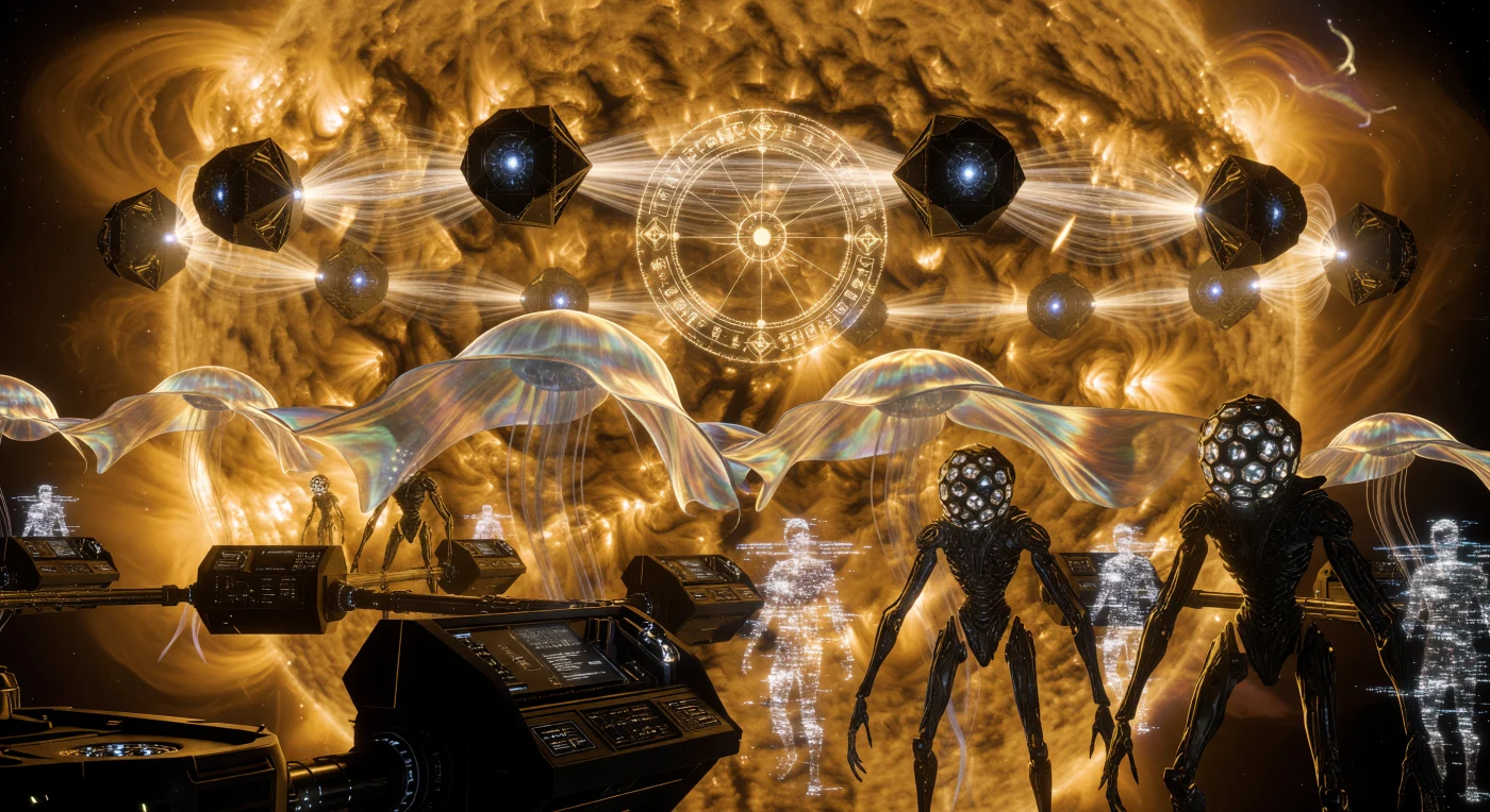 Set within the inner corona of the Sun during the Galactic Age (c. 5,000–20,000 CE), this scene illustrates the "Rite of Star-Sculpting," where post-biological descendants of humanity utilize orbital magnetic projectors to weave solar plasma into a mile-high tribute to the Voyager Golden Record. The image captures the extreme morphological diversity of a Kardashev II civilization, featuring translucent, radiation-harvesting "Solar Synths" and radiation-hardened "Chitinous Void-Walkers" collaborating alongside digital "Infomorph" avatars. This display of stellar engineering highlights the mastery of magnetic bottling and stellar lifting, technologies essential for powering the Sol Core’s massive computational networks and sustaining life in the high-radiation environment of the solar focal zone.