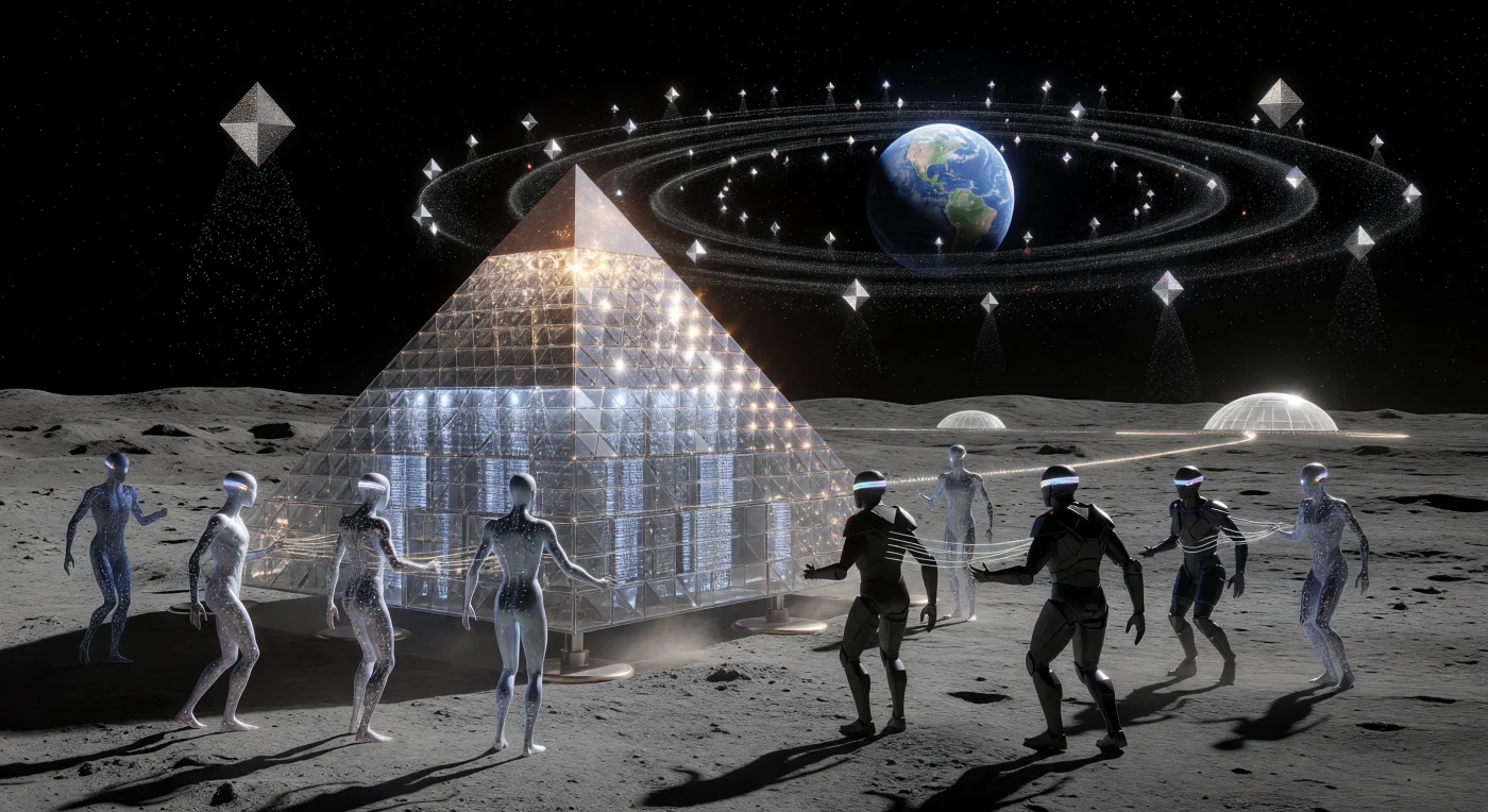 Set against the stark, vacuum-shrouded landscape of the lunar Mare Tranquillitatis in 44,200 CE, this scene depicts a gathering of post-biological lineages during the era of Cosmic Maturity. A diamondoid replica of the Great Pyramid of Giza serves as a monumental seed-vault, its synthetic carbon-lattice structure housing dense-state data cores that glow with sapphire light beneath a sun partially occluded by a Dyson-Kardashev Swarm. The observers include elongated "Weave" entities with translucent, photonic-lattice skin and "Protean" beings composed of programmable claytronics, both adapted to the Moon’s one-sixth gravity. Above them, tetrahedral satellites pulse gravitational waves that ripple through the lunar dust, bridging the deep-time heritage of ancient Earth with the near-infinite technological reach of a Type II.4 civilization.