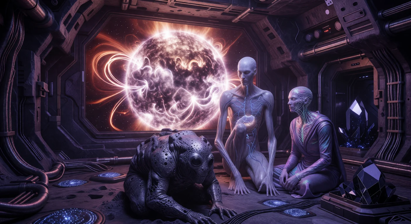 In deze diepgelegen schuilplaats van versterkt maanbeton op de planeet TRAPPIST-1c schuilen diverse post-humane afstammelingen voor een vernietigende zonnevlam tijdens het tijdperk van de Interstellaire Dageraad (3000–5000 n.Chr.). Onder een kalmerend violet licht, aangestuurd door een empathische AI, zien we de gedrongen Lithic met hun loodhoudende huid naast de boomlange, bioluminescente Glacials en de technologisch aangepaste Atmos-mensen. Deze unieke samenkomst van de Septem-Virate-bloedlijnen toont de uiterste grenzen van biologische adaptatie en technologische veerkracht binnen een beschaving die de energie van haar eigen ster volledig heeft leren beheersen.