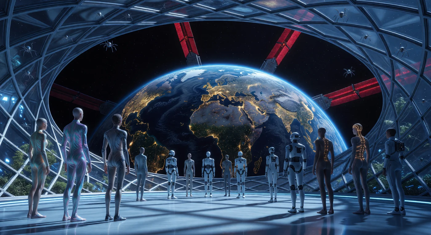 Set in 2144 AD during the era of The Convergence, this scene depicts a diverse assembly of post-humanity gathered within a diamond-glass observation plaza 400 kilometers above Earth. Grav-Adapted humans, evolved for low-gravity environments with elongated statures and reinforced by titanium exoskeletons, stand alongside robotic SIM Proxies and augmented individuals whose neural implants pulse with the light of the Noosphere. Below, the ancient cradle of Earth is visible as a dark sphere webbed with the golden light of terrestrial megalopolises, while massive liquid-ammonia radiators glow a dull cherry-red as they dissipate the immense energy required to maintain the Orbital Ring.
