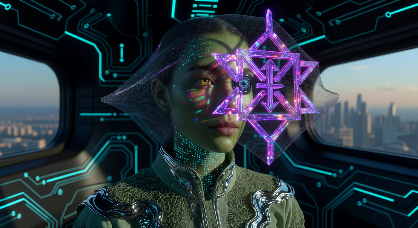 Deze opname uit het tijdperk van de "Augmented Dawn" (circa 2075) toont een post-humane forens in een magnetische zweeftrein, verdiept in een driedimensionaal Hyper-Glyph dat via een Aero-veil van koolstofvezels wordt geprojecteerd. Het individu vertoont de kenmerkende biologische aanpassingen van deze periode, waaronder sub-dermale fotosynthetische plekken voor energieopname en een geavanceerd cybernetisch oog dat "Ghost Colors" buiten het standaard menselijke spectrum kan waarnemen. Gehuld in ademend Myco-Silk — een textiel van laboratorium-gekweekt mycelium — illustreert deze figuur de volledige symbiose tussen organisch bewustzijn en complexe data-architectuur die de late 21e eeuw definieerde.