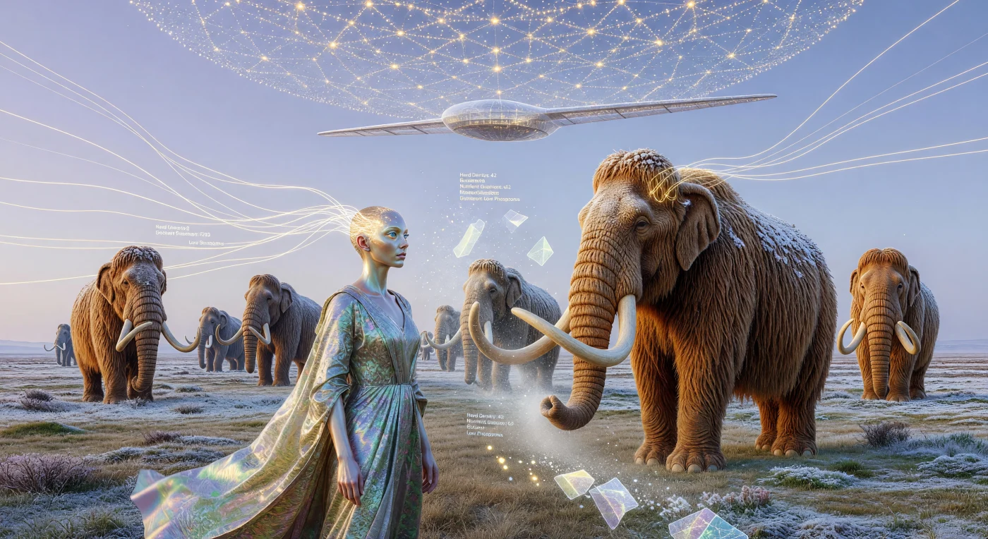 In het 65e millennium, tijdens het tijdperk van de Kosmische Volwassenheid, overziet een Curator met lichtgevende neurale interfaces een kudde heropgebouwde wolharige mammoeten (*Mammuthus primigenius*) op de Siberische steppe. Terwijl atmosferische datastof de vitale functies van deze ijstijdreuzen in realtime visualiseert, houdt een geruisloze gravimetrische glider toezicht op het nauwgezet herstelde ecosysteem onder een hemel die wordt gedomineerd door het gouden vlechtwerk van de Sol-Stellar Array. Dit tafereel toont de aarde als een levend tuin-museum, waar de mensheid als rentmeester fungeert om de biologische pracht van het diepe verleden te verzoenen met de technologische almacht van de verre toekomst.