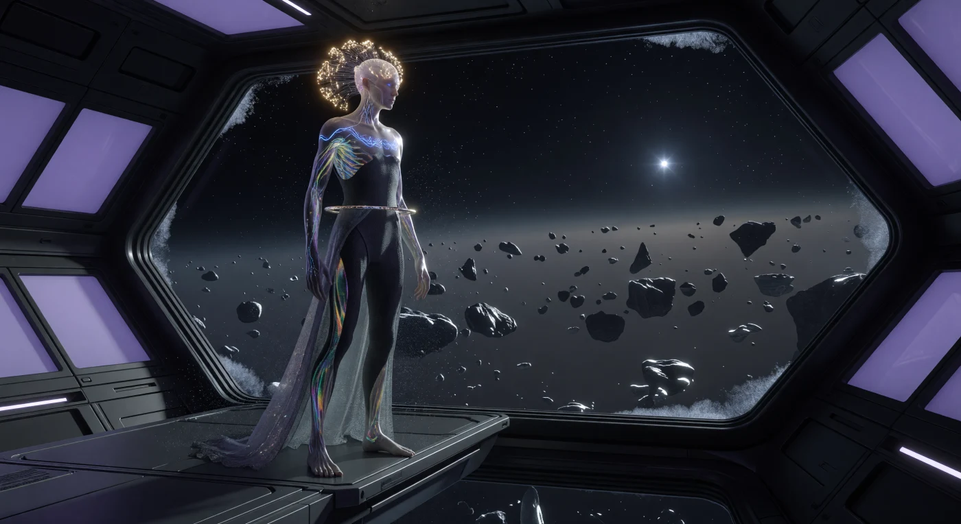 In questa ricostruzione dell'era dell'Alba Interstellare (3000-5000 d.C.), osserviamo un individuo post-umano della morfologia *Lithe-Long* adattato alla microgravità estrema delle stazioni nella Nube di Oort. Il soggetto indossa un’armatura esterna in nanotubi di carbonio iridescenti sopra una muta in *Myco-Silk* fungina autoriparante, mentre filamenti neurali a fibre ottiche e *Lumen-Ink* sottocutaneo segnalano un'integrazione biologica totale. Questo reperto visivo testimonia il periodo della "Grande Dispersione", un'epoca in cui la plasticità del genoma umano e la manipolazione della gravità hanno permesso alla vita di fiorire nel vuoto interstellare.