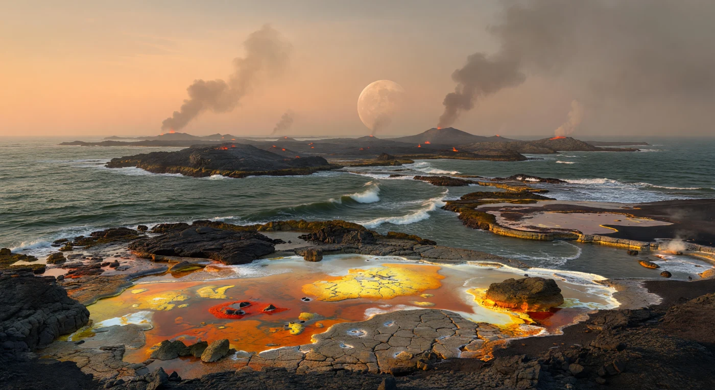 Lungo le coste di un arcipelago vulcanico dell’Adeano finale, circa 4,2–4,0 miliardi di anni fa, pozze di marea poco profonde invadono e poi evaporano su sporgenze di basalto scuro, tingendosi di arancione, giallo e bianco per ossidi di ferro, zolfo elementare e silice precipitata. In questo paesaggio sterile non esistono ancora animali, piante o veri ecosistemi: si vedono solo lave a cuscino, sabbie vulcaniche nere, fumarole e canali battuti da maree molto più forti di oggi, amplificate da una Luna molto più vicina. Questi bacini chimicamente attivi, sotto un’atmosfera anossica ricca di CO₂, vapore e gas vulcanici, sono considerati plausibili siti di chimica prebiotica, dove acqua, calore e minerali potevano favorire i primi passi verso la vita.