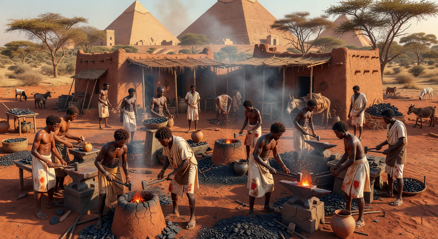 मेरोए के इस लौह-उद्योग क्षेत्र में कुश राज्य के कुशल कारीगर मिट्टी की भट्टियों के पास तपते लोहे को चिमटों और हथौड़ों से आकार देते दिखाई देते हैं, जबकि चारों ओर काला स्लैग, कोयला, धुआँ और लाल धूल फैली है। पहली शताब्दी ईसा पूर्व के उत्तरार्ध में स्थित यह नगर केवल अपने तीखे ढलान वाले पिरामिडों के लिए ही नहीं, बल्कि प्राचीन अफ्रीका के एक महत्त्वपूर्ण लौह-उत्पादन केंद्र के रूप में भी प्रसिद्ध था। पीछे दिखते मेरोए के पिरामिड और कार्यशालाओं में बिखरे आयातित बर्तनों के टुकड़े इस बात का संकेत देते हैं कि कुश स्थानीय शिल्प, राजसत्ता और दूर-दराज़ के व्यापारिक नेटवर्क—मिस्र, लाल सागर और भीतरी अफ्रीका—से गहराई से जुड़ा हुआ था।