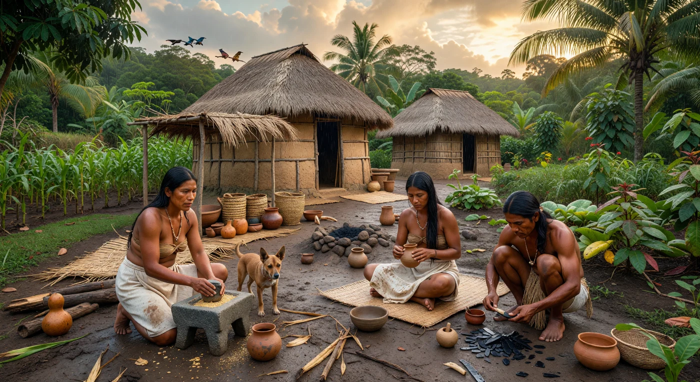 दक्षिणी चियापास के आर्द्र सोकोनुस्को मैदानों में यह दृश्य लगभग 180–140 ईसा पूर्व के एक मोकाया गृहस्थी को जीवंत करता है: ताड़-छप्पर वाली अंडाकार वॉटल-एंड-डाब झोपड़ियों के बाहर एक महिला पत्थर के मेटेटे पर मक्का पीस रही है, दूसरी हाथ से मिट्टी का बर्तन गढ़ रही है, और एक पुरुष ओब्सिडियन की धार तराश रहा है, जबकि पास ही एक छोटा कुत्ता प्रतीक्षा कर रहा है। मोकाया मेसोअमेरिका की उन आरंभिक कृषक बस्तियों में थे जहाँ स्थायी गाँव, मक्का-आधारित भोजन, सादी आरंभिक मिट्टी-भांड कला और दूरस्थ विनिमय-जाल से आए ज्वालामुखीय काँच जैसे पदार्थ साथ-साथ मिलते हैं। यह रोज़मर्रा का घरेलू श्रम बाद की अधिक जटिल मेसोअमेरिकी समाजों की नींव को दिखाता है—भव्य मंदिरों से पहले का वह संसार, जहाँ परिवार, खेती और कारीगरी ही सामाजिक परिवर्तन के केंद्र थे।