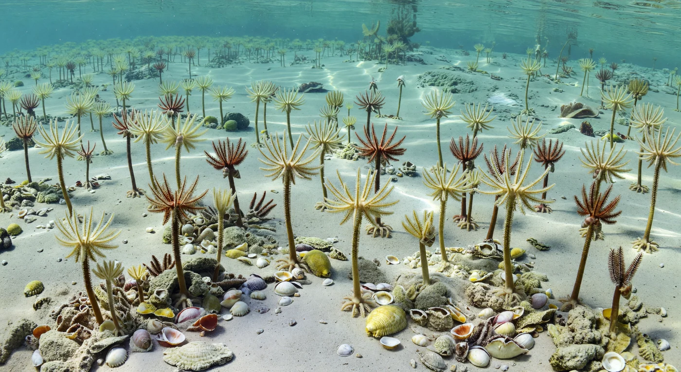 Num mar tropical do Devónico Médio, há cerca de 393–383 milhões de anos, extensos prados de crinóides pedunculados como Cupressocrinites e Taxocrinus erguem coroas plumosas amareladas, creme e avermelhadas sobre um fundo claro de lamas e areias carbonatadas. Entre os caules e detritos acumulam-se conchas de braquiópodes como Mucrospirifer e Atrypa, enquanto pequenos gastrópodes cónicos do género Platyceras se fixam junto aos cálices de alguns crinóides, numa associação provavelmente comensal. A cena mostra uma plataforma carbonatada rasa, quente e límpida — um ecossistema típico dos mares devónicos, quando os equinodermes filtradores e os braquiópodes dominavam vastas planícies submarinas muito antes dos oceanos modernos.