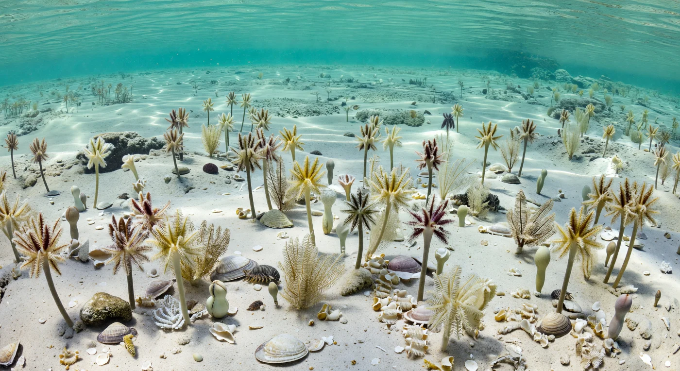 Sous une mer tropicale claire du Carbonifère supérieur, il y a environ 320 à 300 millions d’années, un vaste « pré » marin de crinoïdes couvre un plateau calcaire peu profond : des Poteriocrinus et Platycrinites, portés par des tiges de 20 cm à 1 m, balancent leurs bras plumeux dans le courant pour filtrer la nourriture. Entre eux reposent des brachiopodes Productus, de délicates colonies en dentelle de Fenestella et des blastoïdes Pentremites en forme de bouton, tandis que quelques petits trilobites Phillipsia rampent sur un fond blanc de débris calcaires. Cette scène évoque les mers épicontinentales chaudes qui baignaient les continents tropicaux de la Pangée en formation, où les échinodermes et autres invertébrés dominaient les paysages sous-marins bien avant l’essor des vertébrés marins modernes.