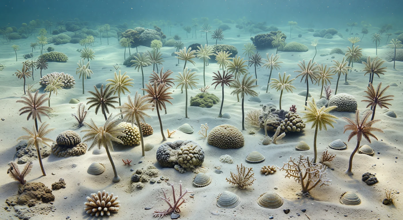 Sur cette plate-forme tropicale peu profonde du Carbonifère supérieur, il y a environ 320 à 305 millions d’années, de denses prairies de crinoïdes comme Platycrinites et Scytalocrinus ondulent au-dessus d’un fond de sable carbonaté clair baigné d’une lumière bleu-vert. Entre leurs tiges s’élèvent des colonies de coraux Lithostrotion et les fins réseaux tubulaires de Syringopora, tandis que des brachiopodes Productus, posés librement sur le sédiment, ponctuent le fond. Cette scène évoque les mers épicontinentales chaudes qui bordaient les vastes forêts marécageuses équatoriales de la Laurussia, un monde paléozoïque aujourd’hui disparu où échinodermes, coraux et bryozoaires filtraient une eau tropicale limpide bien avant l’apparition des récifs modernes.