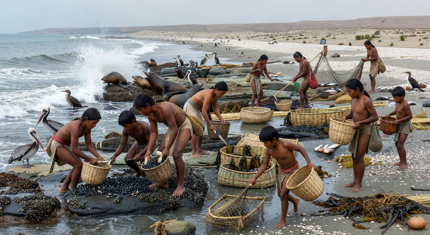 An der felsigen Pazifikküste des heutigen Peru sammeln Familien im späten 4. Jahrtausend v. Chr. Muscheln und Napfschnecken von nassen schwarzen Felsen, während Kinder geflochtene Körbe an Schilf-Fischfallen vorbei über den glitschigen Strand tragen und Seelöwen, Pelikane und Kormorane die Brandung beleben. Die Szene zeigt eine frühe präkeramische Küstengemeinschaft der Zentralanden, deren Leben stark auf dem reichen Humboldtstrom beruhte: Noch ohne Keramik oder Monumentalbauten nutzten diese Menschen Schilf, Baumwollnetze, Stein- und Knochenwerkzeuge sowie Sammelplätze aus Muschelabfällen, um die Ressourcen des Meeres intensiv zu erschließen.