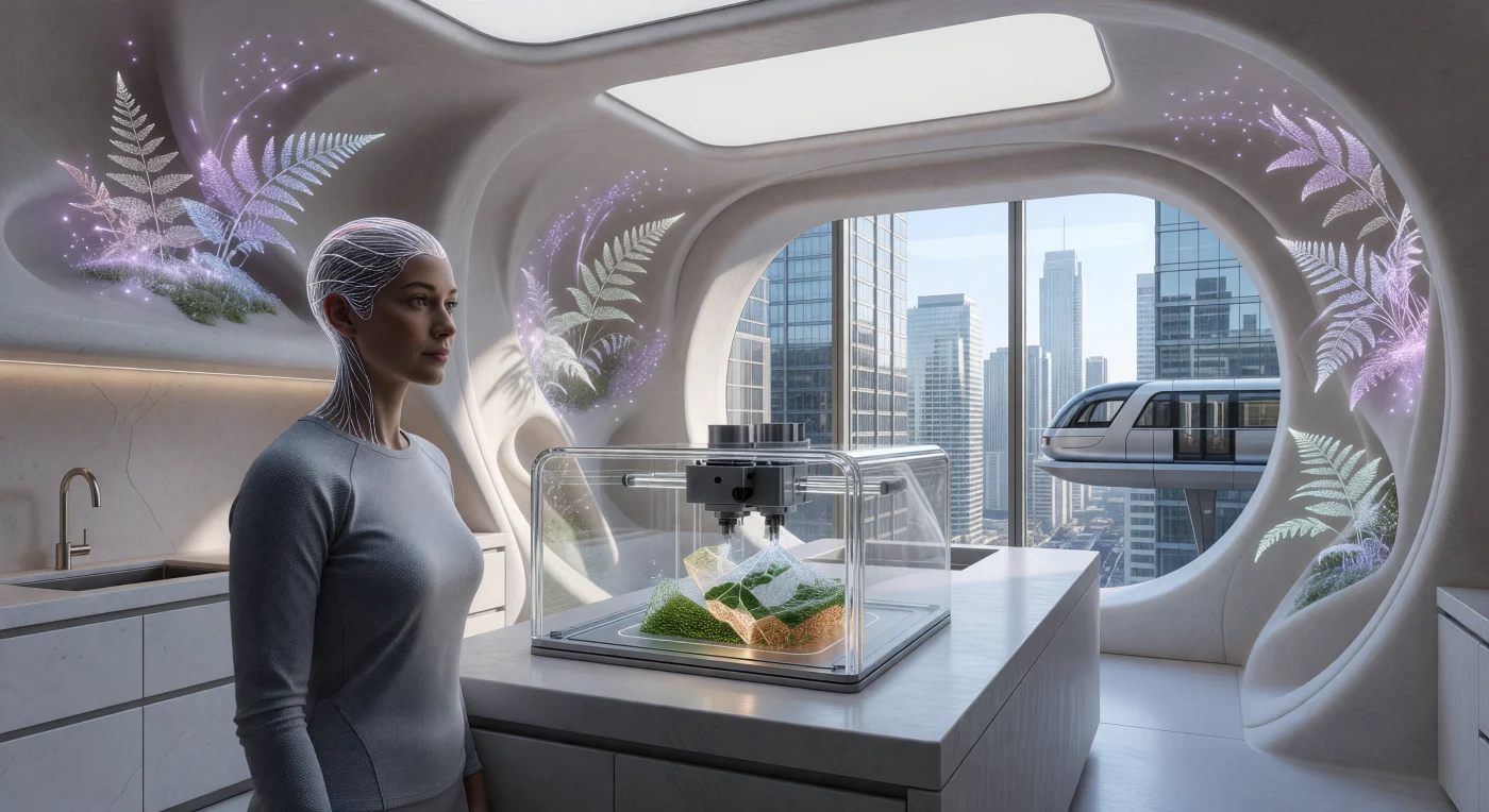 In this mid-21st-century residential interior in Neo-Chicago, a "Synapsed" human utilizes a Neural-Link 4.0 interface to oversee the molecular 3D-printing of a meal composed of precision-fermented flora and cultured proteins. This scene captures life during "The Threshold" (c. 2045), a pivotal era in the Americas marked by the transition to fusion energy and the widespread adoption of high-fidelity augmented reality known as the "Shared Loom." The surrounding architecture features biomorphic, bone-white polymers precipitated through atomic layer deposition, reflecting a society that has moved away from traditional manufacturing toward AI-orchestrated, molecular-scale construction. Outside the window, a Personal Rapid Transit (PRT) pod sits docked, representing the autonomous, frictionless transportation systems that defined urban existence during this period of the Great Transition.