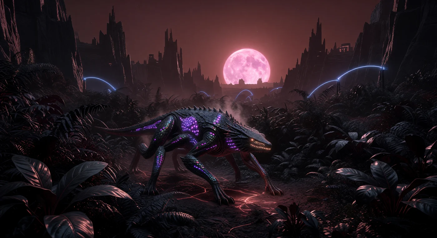 Au cœur de l'Aube Interstellaire (3000-5000 apr. J.-C.), un prédateur hexapode aux écailles d'obsidienne se glisse furtivement à travers une forêt de fougères photosynthétiques noires sur Proxima b. Adaptée à la lumière rougeoyante de la naine rouge Proxima Centauri, cette créature utilise des fossettes infrarouges et une communication bioluminescente pour chasser dans une atmosphère dense et refractive de 1,5 bar. Ce spécimen illustre la complexité des formes de vie bio-ingéniérées conçues pour prospérer sous une gravité de 1,2g, témoignant d'une époque où l'ingénierie génétique a permis à la biosphère terrestre de s'enraciner durablement au-delà de notre système solaire.