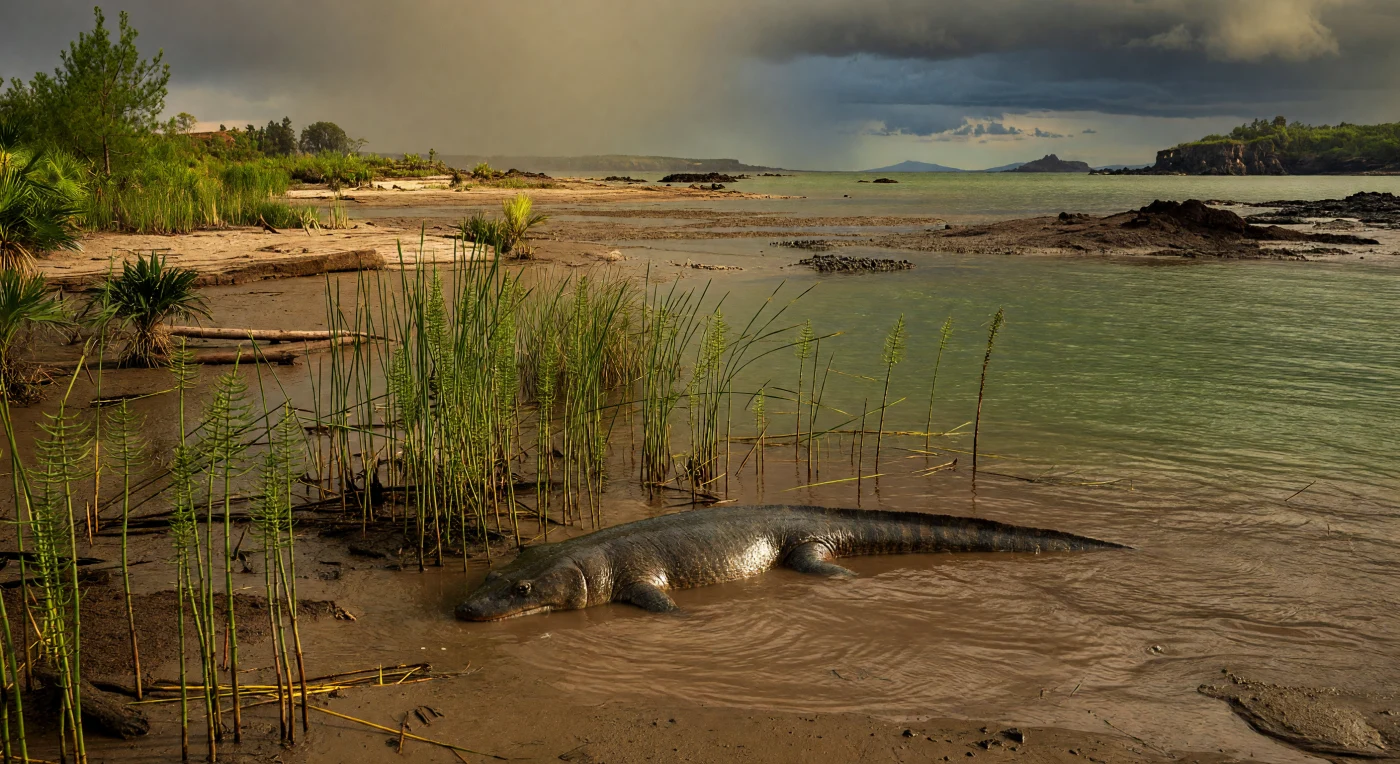 Dans cet estuaire boueux qui se jette dans l’immense océan Panthalassa, un Metoposaurus de près de 2,5 mètres se dissimule presque entièrement sous l’eau chargée de sédiments, parmi les tiges d’Equisetites, ne trahissant sa présence que par son large crâne aplati et ses yeux dressés vers la surface. Ce grand amphibien temnospondyle vivait au Trias supérieur, il y a environ 230 à 201 millions d’années, dans les plaines côtières chaudes et saisonnièrement humides bordant la Pangée. Prédateur d’embuscade, Metoposaurus attendait poissons et petites proies au point de rencontre entre eau douce et mer, dans un monde dominé par les prêles géantes, les fougères et les conifères, bien avant l’essor des écosystèmes modernes.