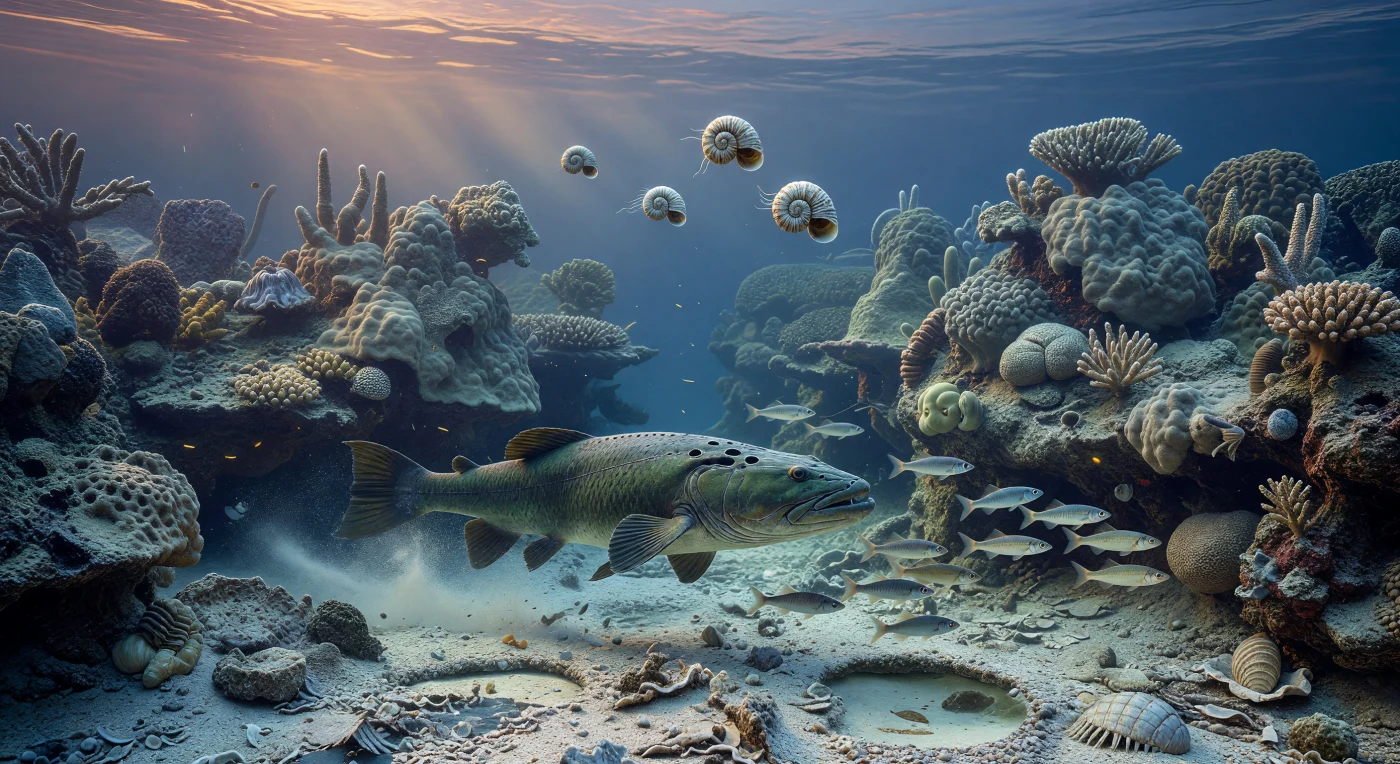 Al crepuscolo, in un canale al margine di una barriera devoniana del Gondwana, un Mandageria lungo circa 1,5 metri scatta tra un banco compatto di piccoli attinotterigi argentati, mentre alcuni Tornoceras a conchiglia spiralata fluttuano più in alto nelle acque blu aperte. La scena appartiene al tardo Devoniano, circa 380–360 milioni di anni fa, in un settore dell’attuale Australia settentrionale, dove barriere costruite da stromatoporoidi, coralli tabulati e rugosi formavano habitat ricchi ma molto diversi dalle scogliere moderne. Mandageria era un pesce tetrapodomorfo predatore, con cranio largo e appiattito e pinne ancora pienamente natatorie, testimone di un’epoca cruciale nell’evoluzione dei vertebrati verso i primi arti.