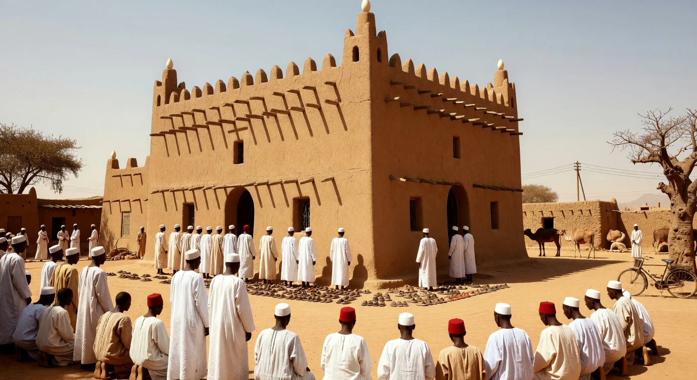 Una folla di fedeli in bianchi boubou di cotone si riunisce davanti alla maestosa Grande Moschea in stile neo-sudanese, le cui imponenti mura di terra cruda color ocra brillano sotto il sole cocente del Sahel degli anni '30. La facciata è scandita dai ritmici *toron* in legno di acacia che sporgono dall'intonaco di fango, mentre uova di struzzo sormontano i pinnacoli dei minareti come simboli tradizionali di purezza. In questo scenario dell'Africa coloniale, la solennità del rito religioso si fonde con i segni di un'epoca di transizione, evocata dalla presenza discreta di una bicicletta d'epoca e di linee telegrafiche all'orizzonte.