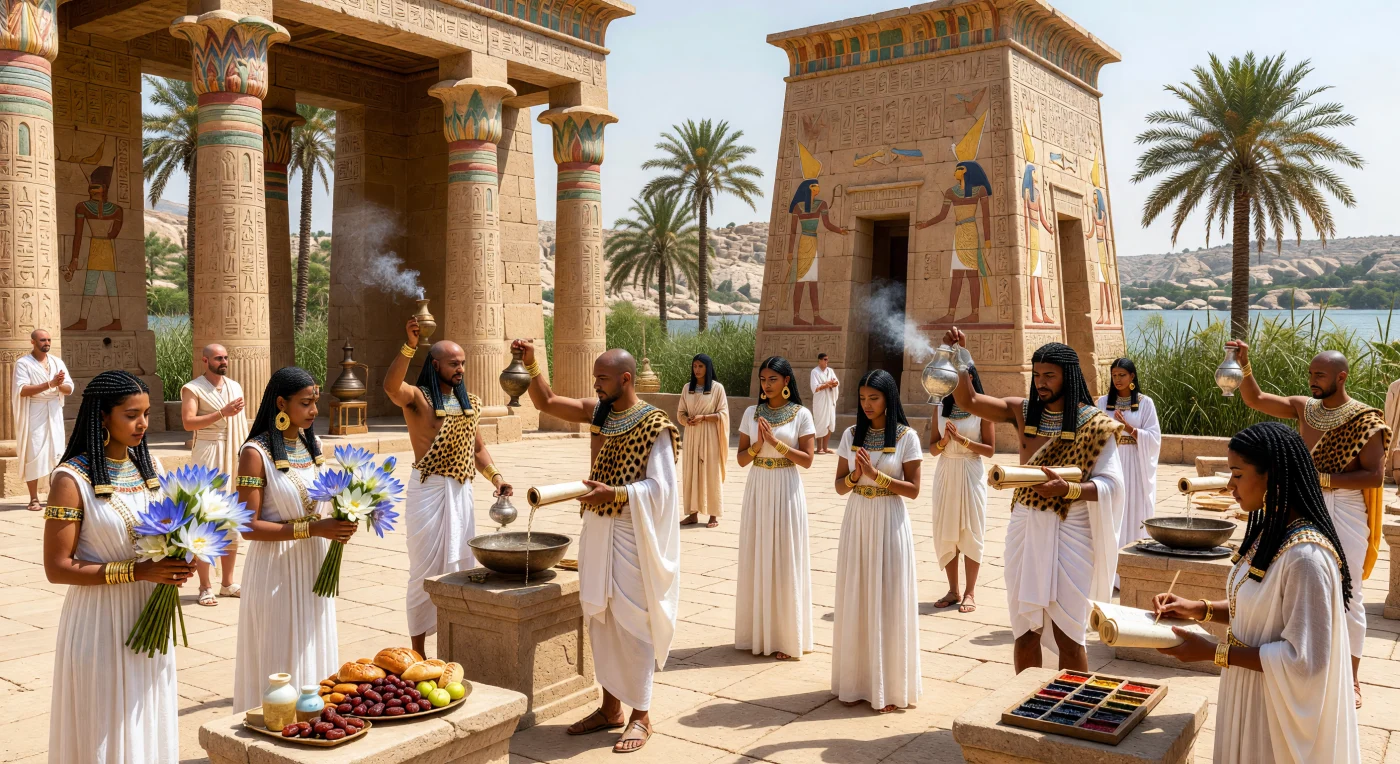 Dans la cour éclatante du temple d’Isis à Philae, des prêtres égyptiens au crâne rasé, vêtus de lin blanc immaculé, élèvent l’encens et versent des libations devant des colonnes de grès couvertes de hiéroglyphes et coiffées de chapiteaux floraux. Autour d’eux, des serviteurs parés de bijoux portent fleurs de lotus, pains, fruits et huiles parfumées, tandis que des femmes de l’élite et des scribes tenant papyrus et palettes d’encre assistent à la cérémonie. Cette scène évoque le Philae ptolémaïque des IIe–Ier siècles av. J.-C., où, malgré la domination des souverains grecs d’Égypte, le culte d’Isis demeurait profondément égyptien dans ses gestes, ses costumes et son architecture peinte de couleurs vives.
