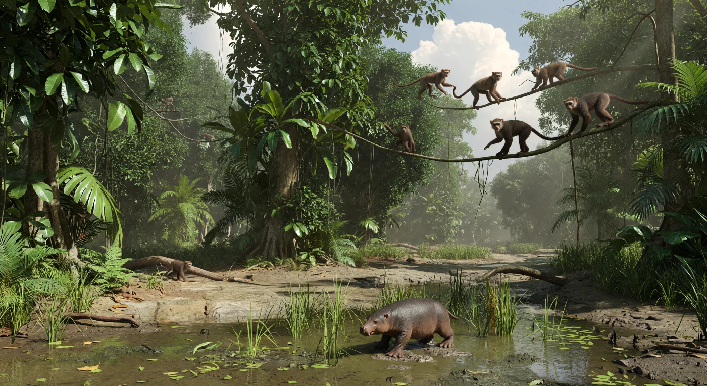 Dans la dépression du Fayoum, en Afro-Arabie, une forêt-galerie tropicale borde un marécage il y a environ 34 à 30 millions d’années, à la charnière de l’Éocène et de l’Oligocène. Dans la canopée de grands angiospermes sempervirents chargés de lianes, de petits primates parapithécidés du genre Apidium bondissent entre les branches, tandis que le plus robuste Aegyptopithecus, un catarrhinien primitif proche des débuts de la lignée des singes de l’Ancien Monde et des hominoïdes, progresse plus prudemment. En contrebas, parmi les roseaux d’une plaine humide déposée par les rivières côtières du Fayoum, Moeritherium — un proboscidien archaïque parent lointain des éléphants — patauge dans l’eau peu profonde, évoquant un monde chaud, moite et foisonnant bien avant les savanes africaines modernes.