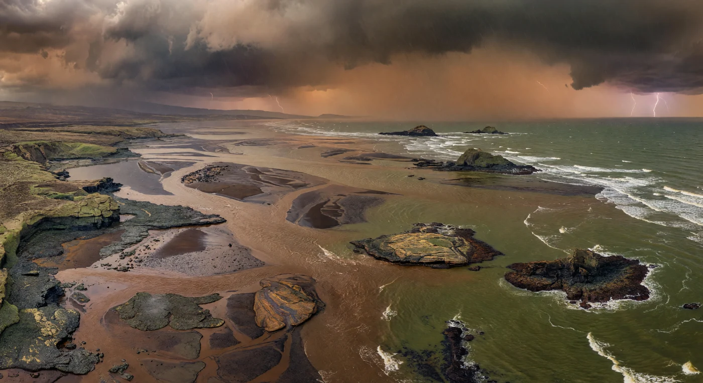 An immense storm batters a barren Archean shoreline, where huge tides sweep across dark basaltic and volcaniclastic flats and muddy runoff pours into a green, iron-rich sea. Set in the late Archean, roughly 2.7–2.5 billion years ago, this scene shows a low protocontinent under an oxygen-poor, haze-filled atmosphere lit by the fainter young Sun. The exposed rocks—basalt, komatiite, chert, and pillow lavas—reflect the intense volcanism and high heat flow of early Earth, long before plants, animals, or soils transformed the land.