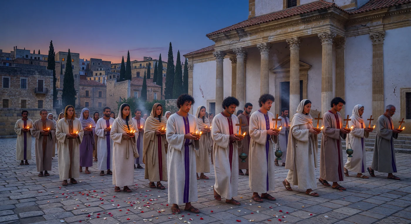 Au crépuscule du Ve siècle, une procession chrétienne solennelle s'avance dans les rues de Carthage vers une basilique de calcaire blanc, témoignant de la ferveur religieuse de cette métropole nord-africaine. Les fidèles, aux origines berbères, puniques et romaines entremêlées, portent des tuniques de laine ornées de *clavi* et des lampes en terre cuite dont la lueur orangée contraste avec le bleu profond du ciel méditerranéen. Cette scène illustre la richesse culturelle de l'Antiquité tardive, où les traditions romaines et les nouvelles pratiques liturgiques fusionnaient au cœur de l'un des plus grands centres intellectuels et commerciaux de la Méditerranée.