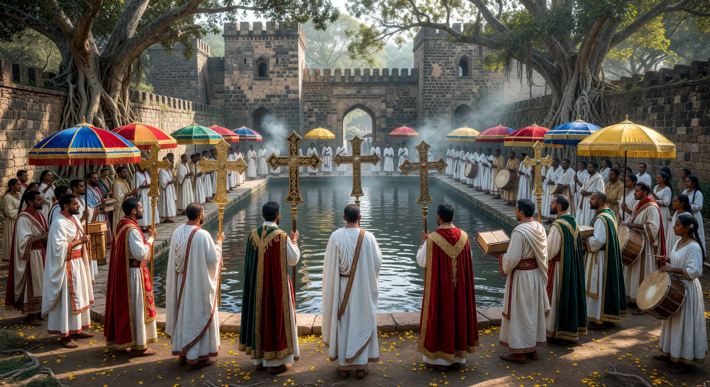 Lors de la célébration du Timkat à Gondar vers 1860, une procession solennelle de prêtres orthodoxes éthiopiens, vêtus de robes *shamma* d'un blanc éclatant et de capes en velours richement brodées, encercle les bains historiques de l'empereur Fasilides. Sous une mer d'ombrelles de soie chatoyantes, les clercs portent des croix processionnelles en or et des manuscrits sacrés en guèze, tandis que la brume matinale s'élève du bassin entouré de murs de basalte et de racines de sycomores séculaires. Ce rite ancestral témoigne de la ferveur religieuse et de la sophistication culturelle de l'Empire éthiopien, préservées au cœur des hauts plateaux africains durant l'ère des révolutions.