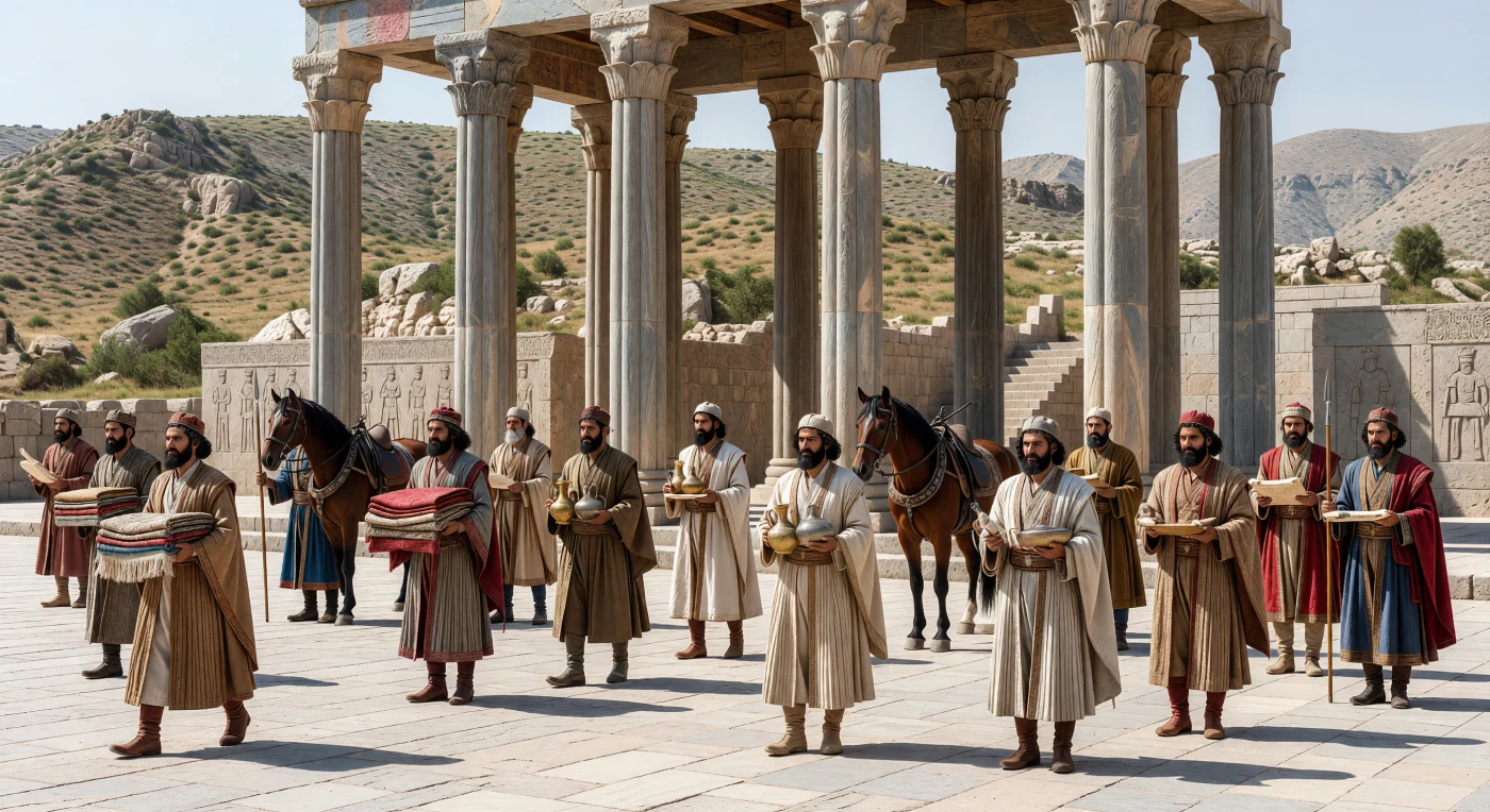 Sur la vaste terrasse de pierre de Persépolis, des dignitaires perses et mèdes avancent en procession ordonnée, vêtus de robes plissées, de pantalons ajustés, de bottines souples et de coiffes rondes, tandis que des délégations apportent des étoffes précieuses, des vases de métal et des chevaux richement harnachés. Les hautes colonnes cannelées de l’Apadana, surmontées de chapiteaux à protomés de taureaux, encadrent cette scène de cérémonie impériale au cœur de l’empire achéménide du Ve siècle av. J.-C. Plus qu’un simple paiement, ce tribut mettait en image la puissance du Grand Roi et l’intégration de peuples divers dans un ordre politique soigneusement orchestré.