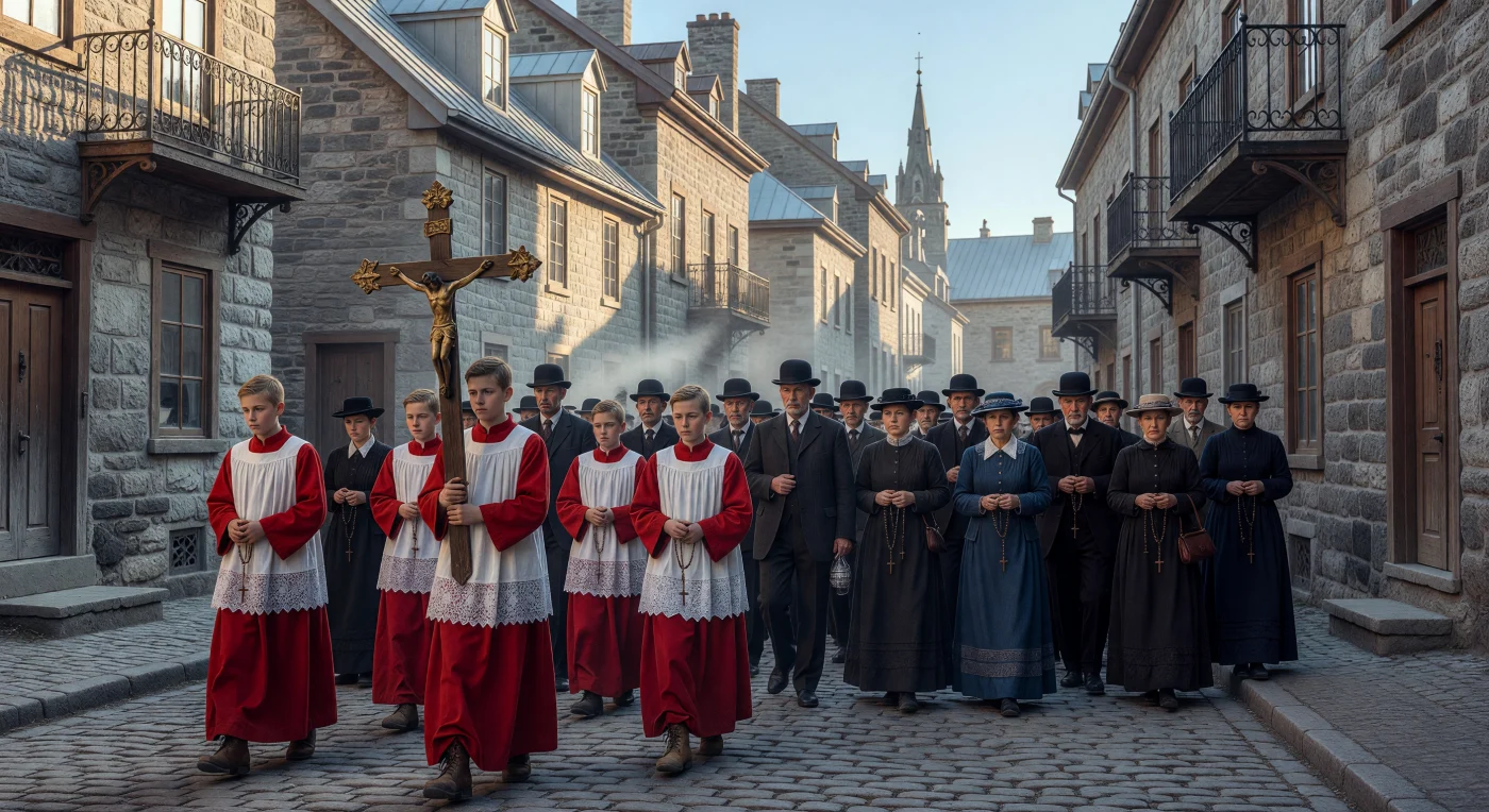 Una solenne processione del Corpus Domini si snoda tra le strette vie acciottolate della Vecchia Québec, guidata da giovani chierichetti in vesti rosse e bianche che sorreggono un imponente crocifisso dorato. Le case in pietra calcarea con i caratteristici tetti in lamiera argentata fanno da cornice a una folla di fedeli in abiti vittoriani, testimoniando la profonda devozione cattolica che definiva l'identità franco-canadese durante la Belle Époque. Questa scena cattura l'atmosfera di un mattino di giugno del tardo XIX secolo, dove le tradizioni religiose secolari si intrecciavano con la vita quotidiana di una società in piena trasformazione.