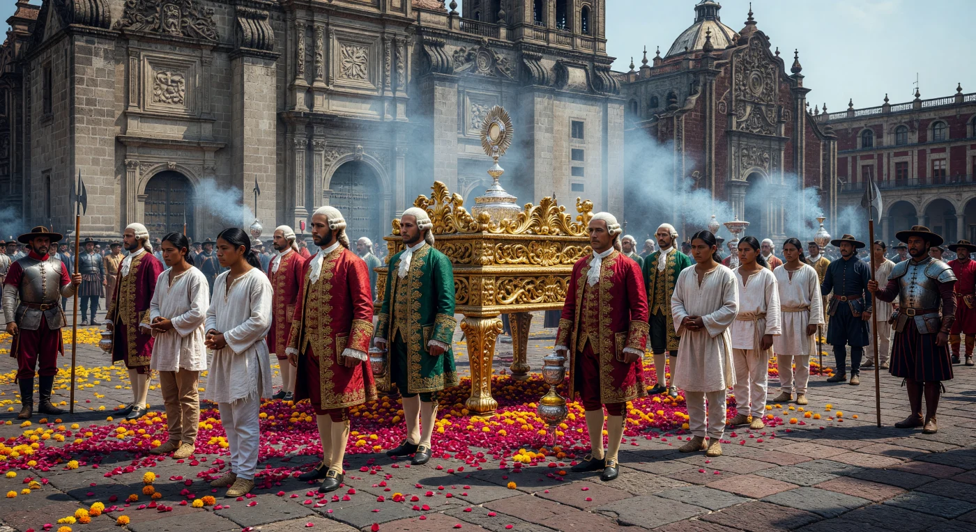 Esta vibrante procissão de Corpus Christi atravessa o Zócalo da Cidade do México por volta de 1750, onde o solo de pedra vulcânica avermelhada é decorado com pétalas sob a sombra de uma imponente catedral barroca. O cenário revela a complexa estratificação social da Nova Espanha, contrastando a elite peninsular em seus luxuosos trajes de seda bordados a ouro com os convertidos indígenas Nahua vestidos com humildes túnicas de algodão branco. Envolta em nuvens de incenso copal, a cena captura de forma vívida a fusão entre a opulência religiosa europeia e a realidade demográfica e material das Américas coloniais no século XVIII.
