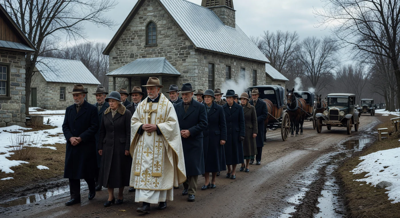 Esta procissão solene no Quebec rural do final da década de 1920 destaca um pároco em vestes de seda bordadas liderando fiéis devotos diante de uma igreja tradicional de pedra com telhado de zinco prateado. A presença de carruagens puxadas por cavalos Percheron ao lado de um Ford Model T ilustra a transição gradual da vida agrária para a era industrial na América do Norte. O cenário capta a atmosfera austera e piedosa da sociedade franco-canadense, onde a fé católica permanecia o pilar central da identidade comunitária durante o período entre guerras.