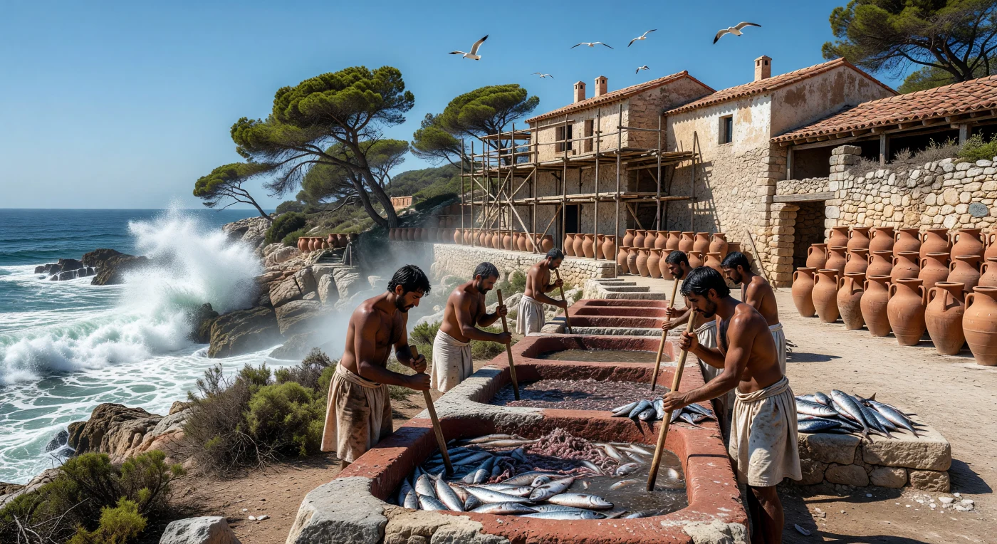 Presso l'antico stabilimento industriale di Baelo Claudia, operai dalla pelle ambrata rimescolano con lunghi pali una poltiglia fermentata di pesci all'interno di vasche in pietra chiamate *cetariae*. Questa scena illustra la produzione del garum, una salsa di pesce essenziale nella dieta romana, prodotta sfruttando le ricchezze dell'Oceano Atlantico e le avanzate tecniche edilizie in *opus signinum*. Sullo sfondo, pile di anfore in terracotta e il fragore delle onde testimoniano la vivacità del commercio marittimo che univa le province più remote dell'Impero durante l'Antichità Classica.