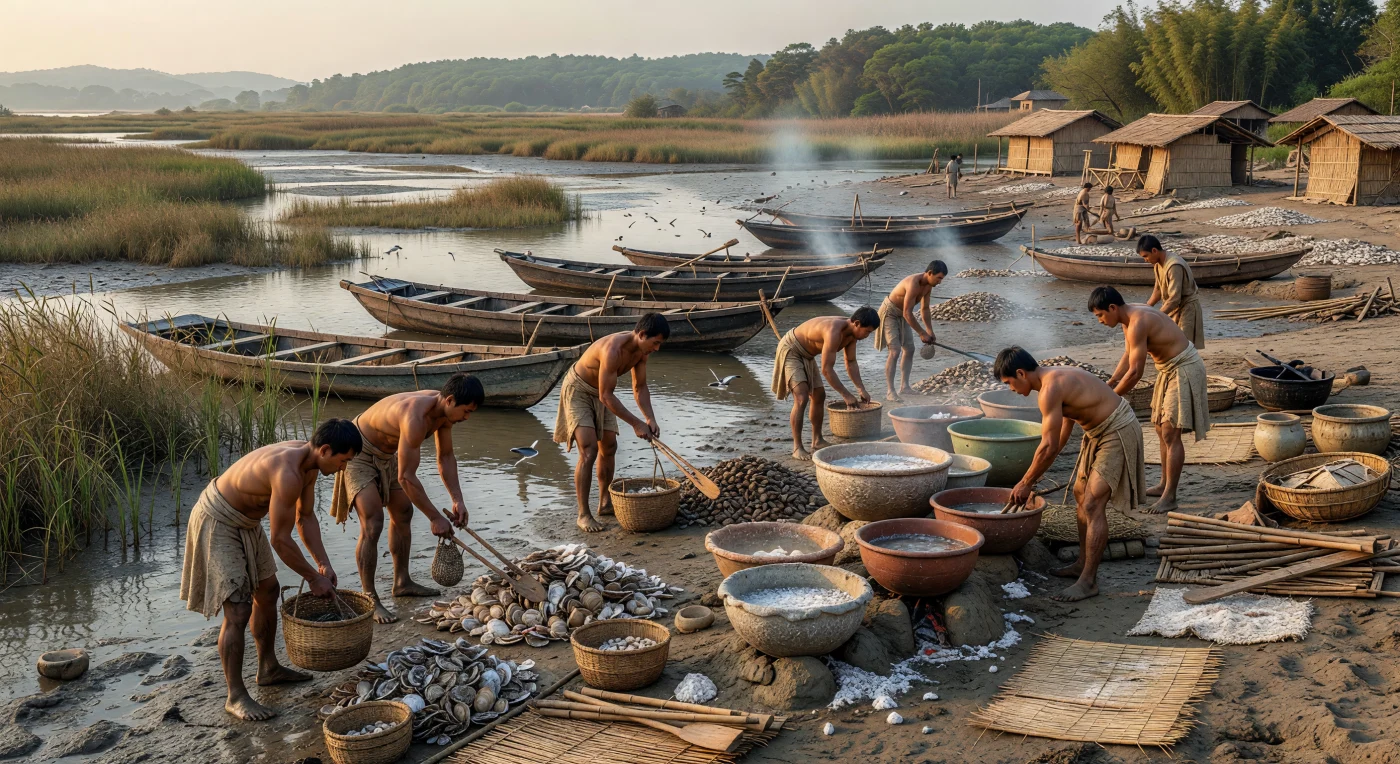 Su questa vasta piana di marea dell’estuario del basso Yangzi, uomini e donne delle coste di Wu–Yue raccolgono ostriche e vongole nel fango salmastro, mentre poco più in là altri fanno bollire la salamoia in rozzi recipienti di ceramica tra stuoie incrostate di sale, mucchi di conchiglie e barche leggere tirate in secca. La scena, databile al tardo periodo delle Primavere e Autunni (circa 550–500 a.C.), mostra un’economia costiera lontana dai palazzi e dai bronzi rituali delle élite Zhou: qui il lavoro quotidiano, la raccolta dei molluschi e la produzione del sale sostenevano le comunità del sud-est e alimentavano scambi più ampi lungo fiumi e litorali della Cina antica.