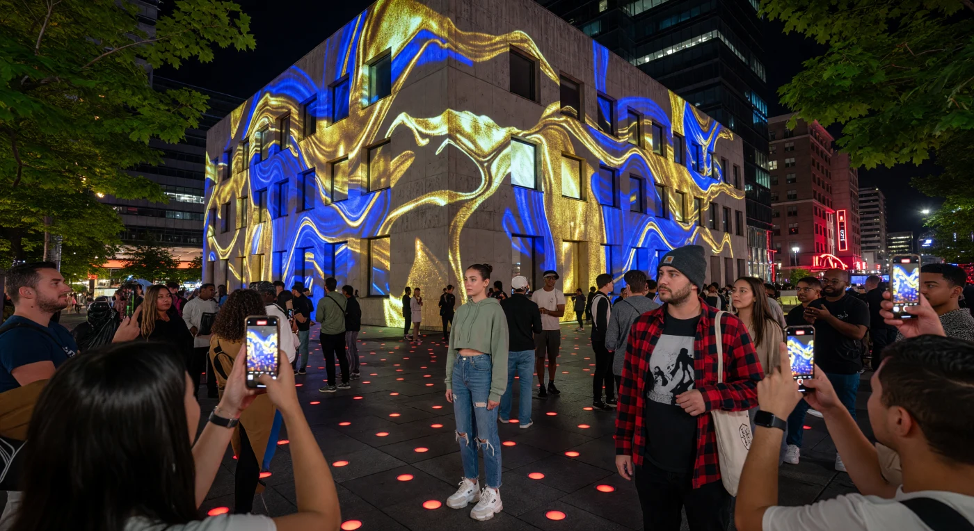 Cette scène nocturne au Quartier des spectacles de Montréal illustre la fusion spectaculaire entre l'architecture brutaliste et l'art numérique, où des projections monumentales métamorphosent les façades de béton en cascades fluides d'or et de cobalt. Au sol, le « Parcours lumineux » rouge guide une foule cosmopolite dont les styles « athleisure » et les téléphones intelligents témoignent des codes esthétiques et technologiques dominants de l'ère numérique (2000-2025). Cet instantané capture une époque où l'espace urbain devient un média immersif, reflétant la transition des métropoles mondiales vers une culture de l'hyper-connectivité et de l'expérience artistique partagée.