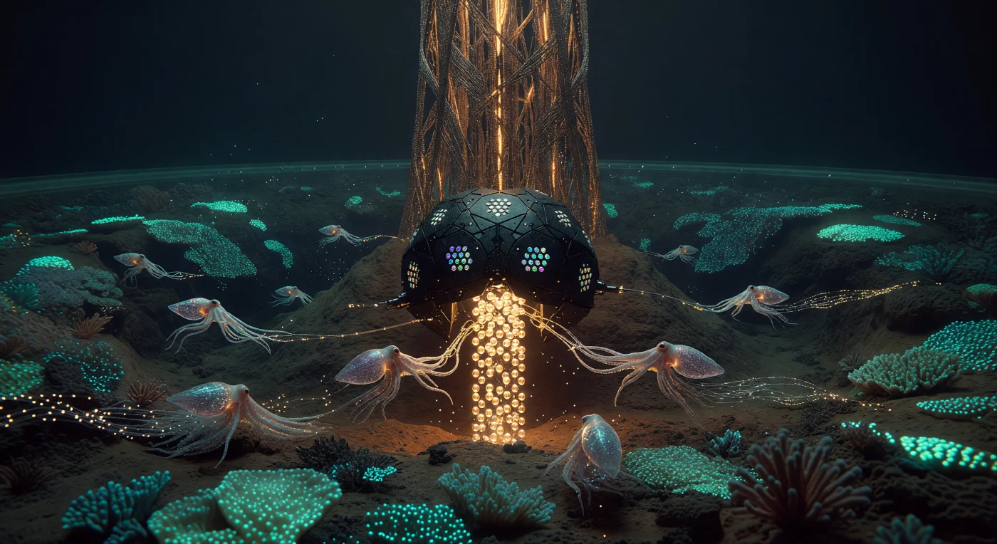 In the abyssal depths of an artificial ocean within a Bishop Ring habitat, a Protean entity—a polymorphic being composed of programmable matter—calibrates a liquid-droplet radiator to manage the structure's thermal output. Dating to the era of Cosmic Maturity (circa 44,200 CE), this scene showcases the integration of Kardashev-scale engineering and biological synthesis, featuring "The Weave" cephalopods that act as living fiber-optic sensor arrays. The massive carbon-nanotube thermal vent and incandescent coolant spheres highlight the sophisticated entropy protocols necessary to sustain life within gargantuan rotating megastructures.