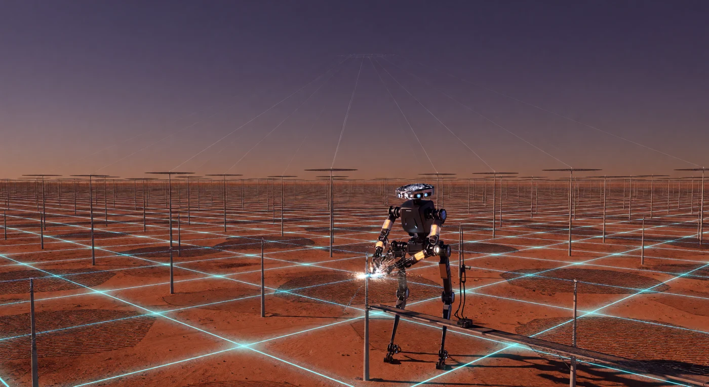 À l'aube du XXIIe siècle, vers 2090, les vastes étendues de l'Outback australien sont devenues le cœur battant de l'Alliance Techno-Pacifique, où des proxys robotiques à haute dextérité assurent la maintenance de champs de rectennes colossaux. Ces structures en nanotubes de carbone captent l'énergie de fusion D-He3 transmise par micro-ondes depuis l'orbite, tandis qu'une grille supraconductrice intégrée au régolithe rouge distribue cette puissance vers les mégapoles lointaines. Sous un ciel violet saturé d'aérosols de régulation thermique, cette scène illustre l'émergence d'une strate technologique inédite dans l'histoire terrestre, marquant l'ascension de la classe des Symbiontes Neuraaux vers une maîtrise totale des flux énergétiques planétaires.