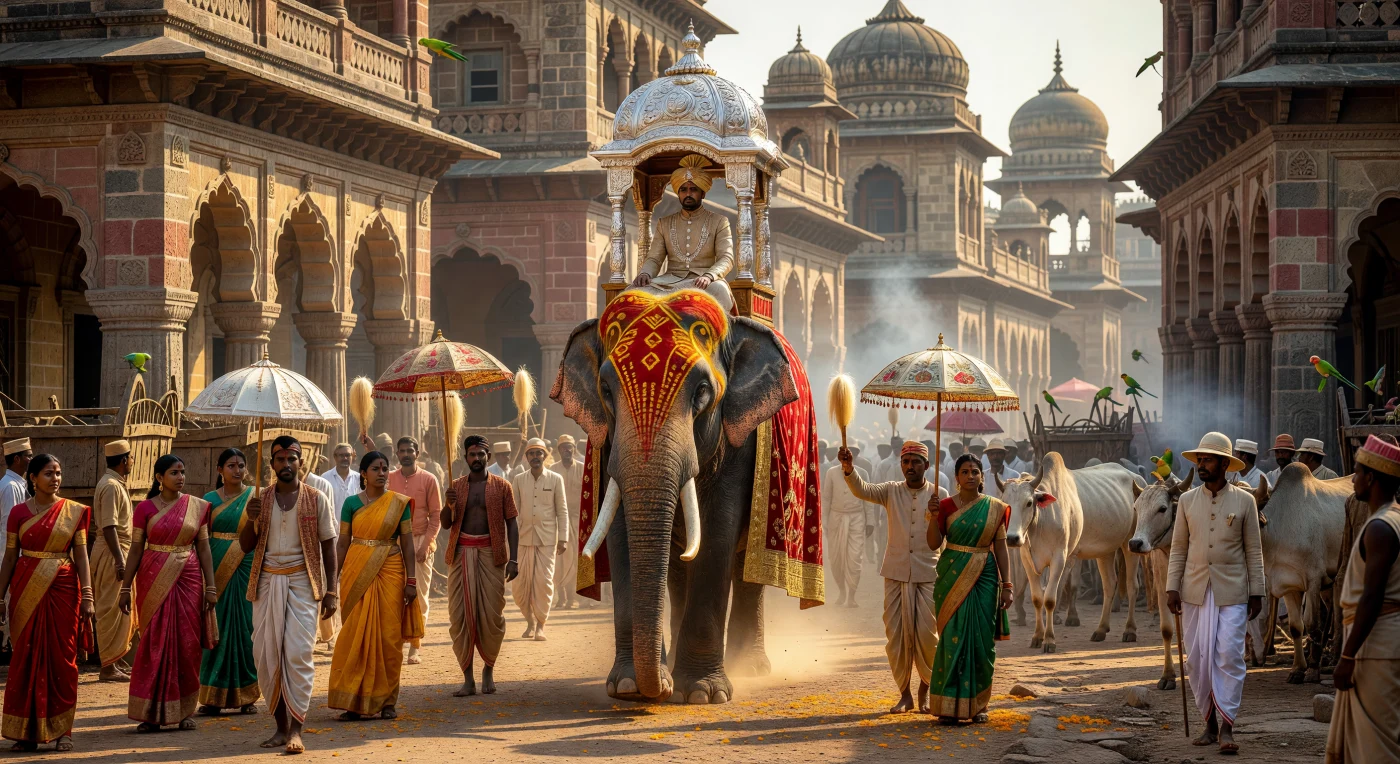 Ein majestätischer, mit Zinnobermustern bemalter Elefant trägt den Maharaja von Mysore in einer kunstvollen silbernen Howdah durch eine begeisterte Menge während eines Tempelfestes um 1900. Diese Szene illustriert die glanzvolle Ära der indischen Fürstenstaaten während der Belle Époque, in der sich traditionelle Prachtentfaltung und die Architektur des indo-sarazenischen Stils mit den Einflüssen des British Raj verbanden. Das Bild fängt die dichte Atmosphäre Südindiens ein, in der sich fein gewebte Seidensaris, koloniale Tropenanzüge und der aufgewirbelte Staub der Straßen zu einem lebendigen Zeitzeugnis vermischen.