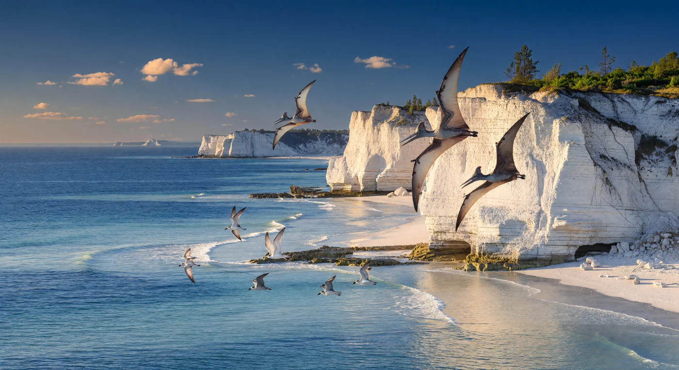 Along a warm Late Cretaceous shoreline, several Pteranodon longiceps ride the updrafts beside brilliant white chalk cliffs while much smaller Ichthyornis dart and wheel over the surf below. This scene evokes the great chalk seas of about 86–84 million years ago, when high sea levels flooded broad epicontinental seaways under a greenhouse climate. Pteranodon, a giant toothless pterosaur with a wingspan of roughly 6–7 metres, was built for efficient soaring, whereas Ichthyornis was an early seabird whose jaws still retained teeth—a striking reminder that modern-style birds had already evolved alongside pterosaurs.
