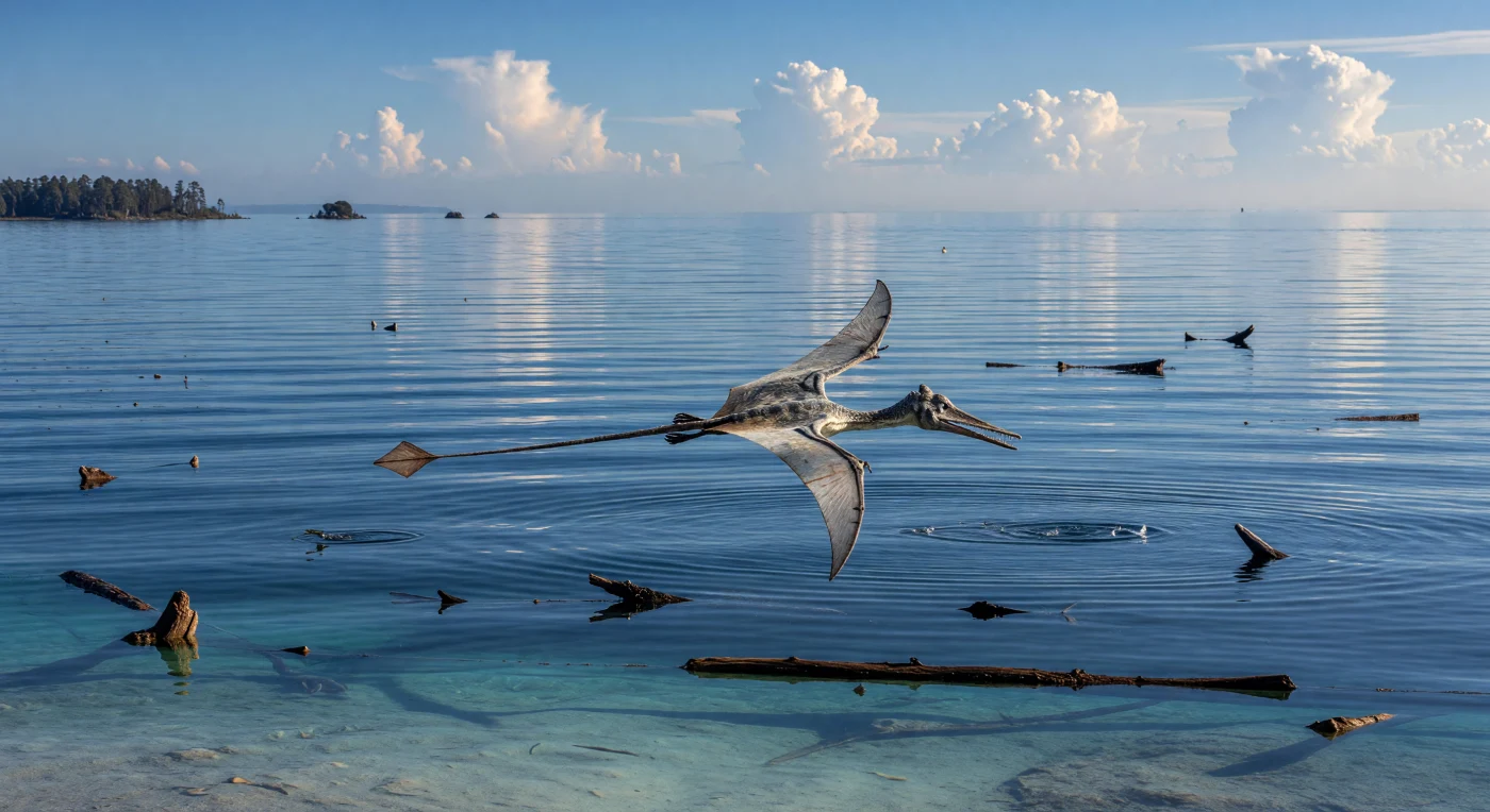 Sobre as águas quentes do oceano de Tétis, no Jurássico Superior, há cerca de 155–150 milhões de anos, um Rhamphorhynchus desliza rente à superfície com as suas asas membranosas esticadas, a longa cauda rígida terminada numa “vela” em forma de losango e o focinho estreito armado de dentes finos para capturar peixes. A cena mostra a transição entre a plataforma carbonatada costeira e o mar aberto mais profundo, marcada pela mudança do azul-turquesa para o índigo e por troncos de coníferas à deriva vindos de terras distantes. Coberto por picnofibras e com uma envergadura de cerca de 1 a 1,8 metros, este pequeno pterossauro revela como os céus e mares jurássicos estavam ligados num mundo de estufa sem gelo polar, muito antes do aparecimento das aves modernas.