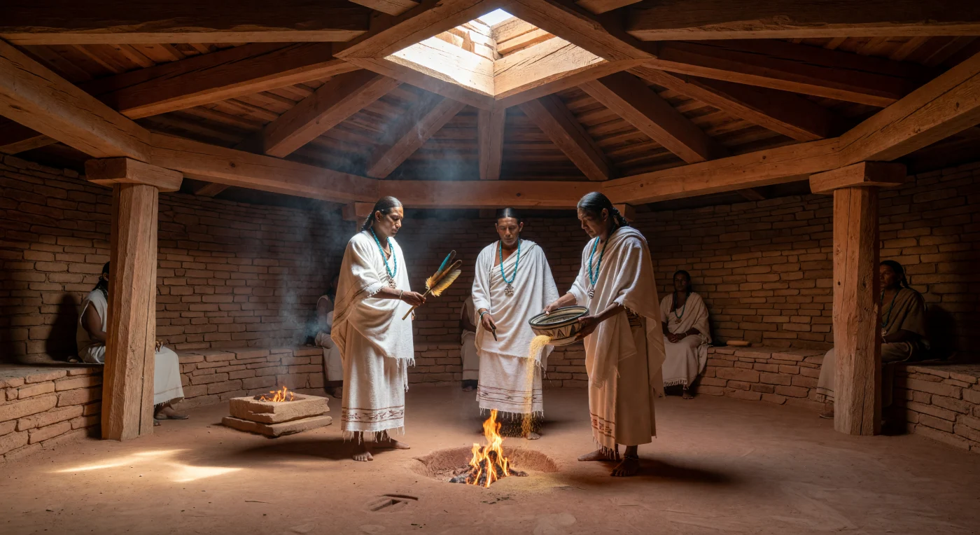 In een cirkelvormige, ondergrondse kiva in Chaco Canyon voeren priesters van de Ancestral Puebloans rond 1100 n.Chr. een heilig ritueel uit te midden van opstijgende cederrook en dramatisch binnenvallend zonlicht. Gekleed in fijn geweven katoen en getooid met kostbare turquoise, hanteren zij ceremoniële voorwerpen zoals gebedsstokken met ara-veren, wat getuigt van een omvangrijk handelsnetwerk dat reikte tot in Meso-Amerika. De indrukwekkende architectuur van gestapelde zandsteen en massieve houten balken weerspiegelt de spirituele en technische bloei van deze hoogontwikkelde samenleving in het dorre Amerikaanse zuidwesten.