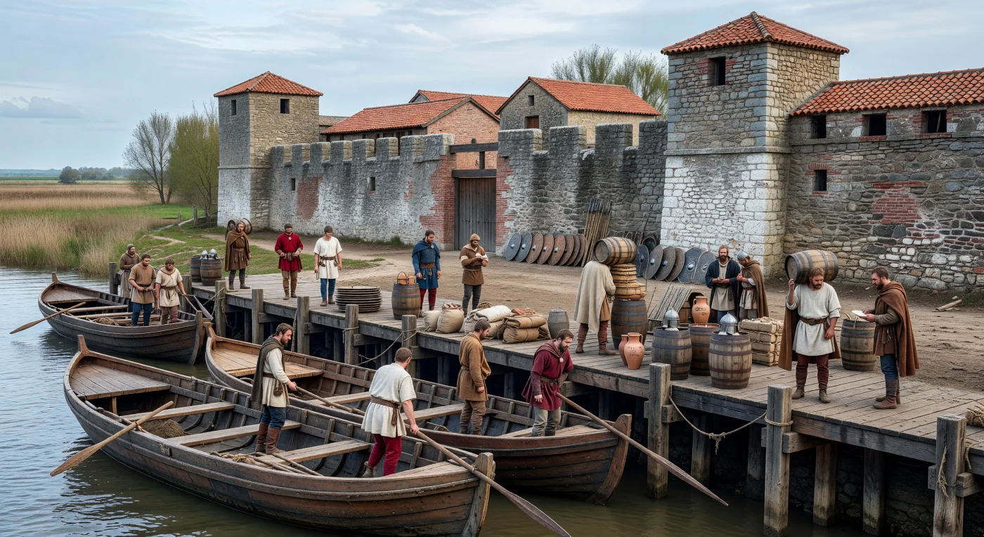 En este muelle militar del Rin del siglo IV, barcazas fluviales de poco calado descargan ánforas, toneles y sacos sobre una robusta plataforma de madera, mientras soldados y estibadores trabajan bajo la mirada de mercaderes que revisan sellos y tablillas de cera. Al fondo se alza un fuerte romano tardío de piedra y ladrillo reutilizado, con torres rectangulares y tejados de teja roja, símbolo de una frontera que dependía tanto de la logística como de las armas. La escena muestra cómo el Rin era a la vez línea defensiva y gran vía comercial del Imperio, donde circulaban vino, aceite, grano y provisiones para abastecer guarniciones y comunidades de las provincias fronterizas.
