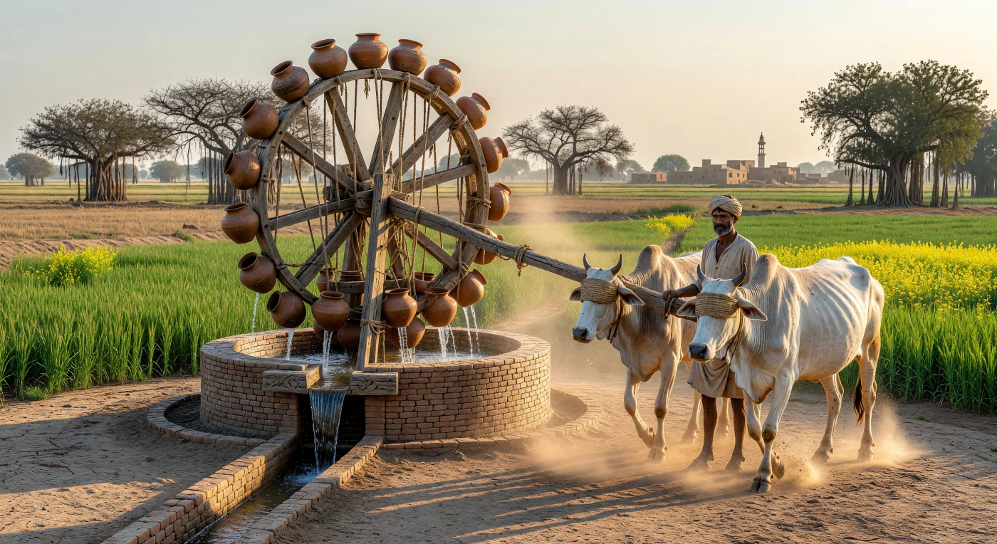 In de 16e-eeuwse Punjab drijft een paar geblinddoekte Zebu-runderen een monumentaal houten Perzisch rad aan, waarbij handgemaakte aardewerken kruiken ritmisch water uit een diepe put omhoog hijsen. Deze ingenieuze technologie, cruciaal voor de bloeiende landbouw tijdens het Mogolrijk, transporteert het water via kanalen van smalle Nanakshahi-bakstenen naar de omliggende velden vol tarwe en mosterd. Tegen de achtergrond van een stoffige, goudkleurige horizon illustreert dit tafereel de vitale verbinding tussen menselijke arbeid, dierlijke kracht en de geavanceerde irrigatietechnieken die de welvaart van Zuid-Azië ondersteunden.