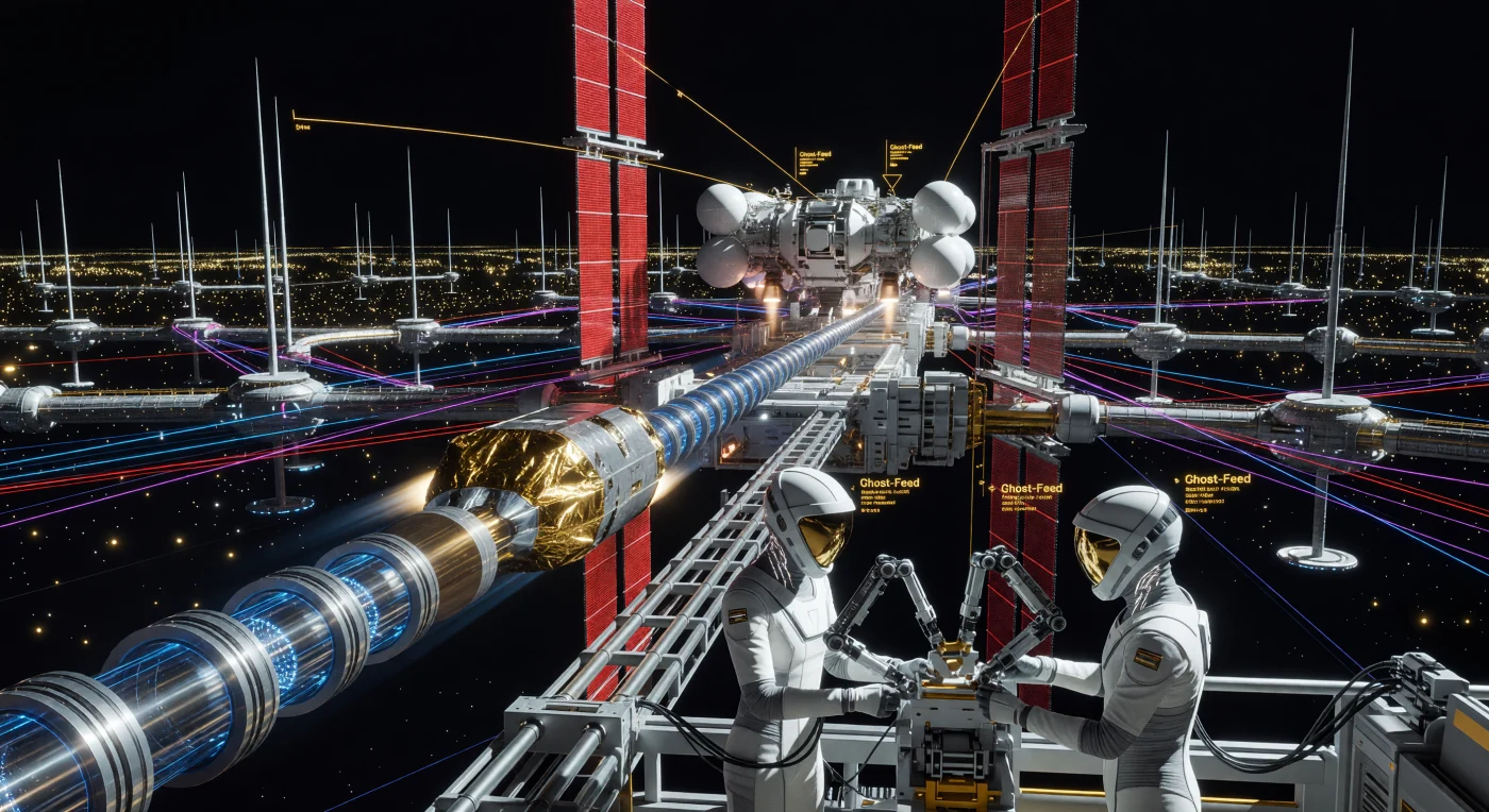 تُصور هذه المشهدية من عصر "التباعد العظيم" (2200-2500 ميلادي) عمليات محطة الدفع الكتلي في منطقة "السرب"، حيث تقذف الحلقات الكهرومغناطيسية كبسولات الشحن الذهبية عبر الفراغ بينما تتوهج مشعاعات التنجستن باللون الأحمر القاني لتصريف الحرارة المهدرة، وهو ملمح تقني ضروري لحضارة بلغت المستوى 1.4 على مقياس كارداتشيف. نرى في المقدمة فنيين من سلالة "الإنسان المطور" (*Homo augmentus*) بأطرافهم الممشوقة المتكيفة مع الجاذبية المنخفضة، وهم يستخدمون أذرعاً آلية دقيقة وواجهات عصبية متطورة لإتمام عمليات الإرساء المعقدة. يجسد هذا المشهد ذروة الهندسة الفضائية في النظام الشمسي الداخلي، حيث تزدحم الخلفية بآلاف أسطوانات "أونيل" والروابط الليزرية التي تشكل نسيجاً حياً من الطاقة والمعلومات في هذا العصر الصناعي الفائق.