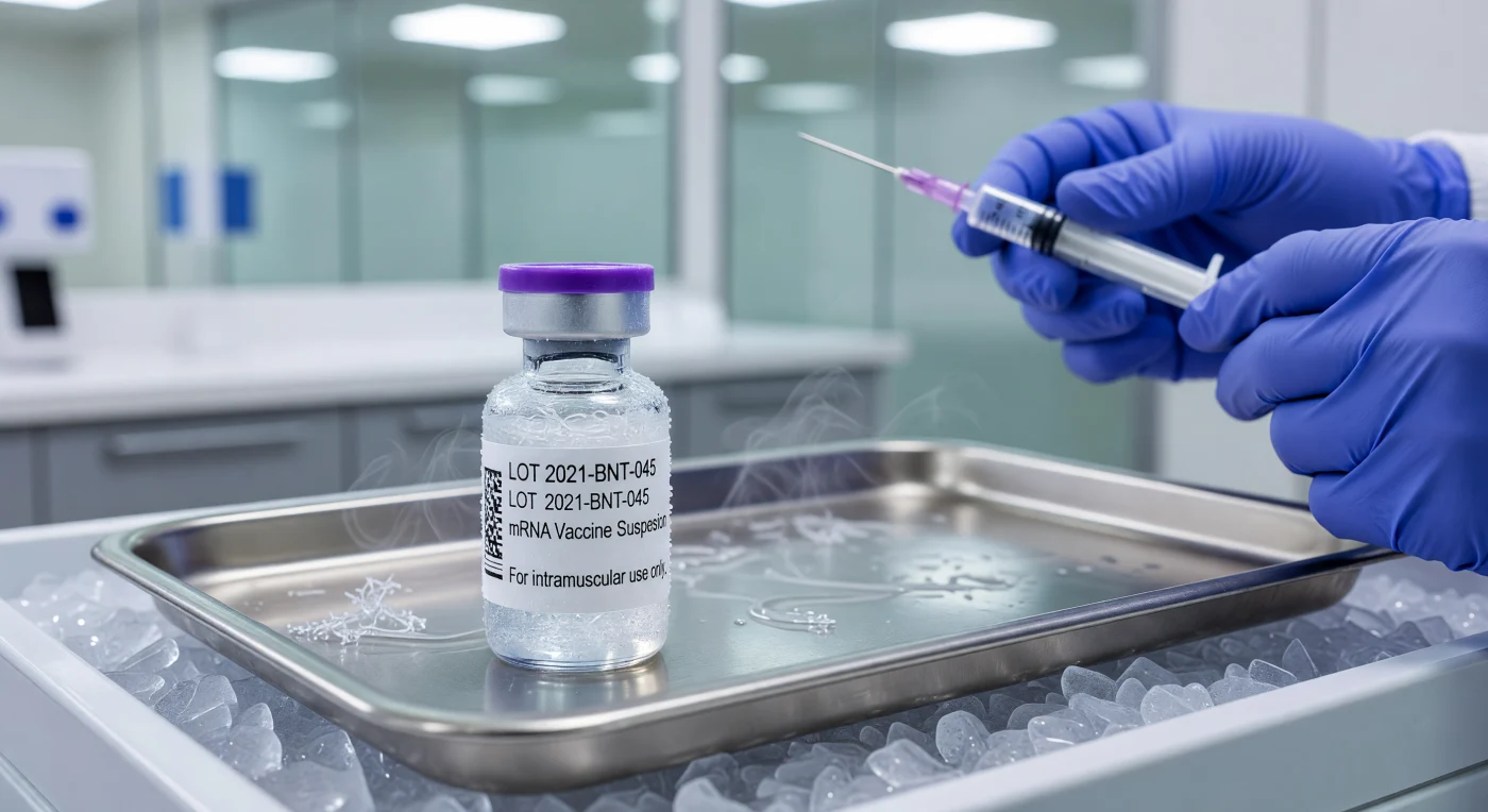 تُظهر هذه اللقطة المقربة قارورة زجاجية مغلفة بالصقيع تحتوي على لقاح "mRNA"، وهي تقنية ثورية برزت خلال جهود التحصين العالمية عام 2021 لمواجهة جائحة كوفيد-19. تعكس القارورة، الموضوعة فوق ثلج جاف وفي بيئة طبية معقمة، ذروة عصر الرقمنة حيث اندمجت علوم البيانات بالتكنولوجيا الحيوية لإنتاج شفرات جينية اصطناعية محمية بجزيئات نانوية دهنية. يجسد هذا المشهد التحدي اللوجستي الهائل لـ "سلسلة التبريد" والسرعة غير المسبوقة للابتكار العلمي الذي ميز بدايات القرن الحادي والعشرين في مواجهة الأزمات العالمية.