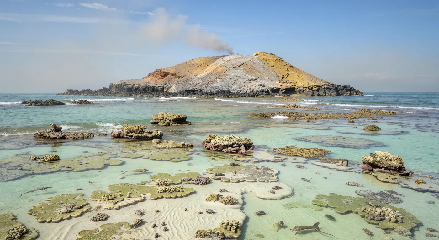 約5億3000万年前の前期カンブリア紀、暖かな熱帯の炭酸塩台地の縁には、植物のまったく存在しない小さな火山島が黒い玄武岩の断崖と黄褐色の凝灰岩斜面を海上に突き出し、淡い火山灰が浅いラグーンと礁丘の上へ薄く降り積もっていました。手前の白い炭酸塩砂州やストロマトライト状の微生物マット、低いアーケオキアータ類（Archaeocyatha）のパッチ礁には、海綿類や小型の腕足類、堆積物の上をはい回る三葉虫が見られ、沖合の水中には捕食者アノマロカリスが漂います。サンゴ礁も陸上植物もまだ現れていないこの世界では、微生物と初期の動物たちが、火山活動に彩られた異様に明るい浅海生態系を形づくっていました。