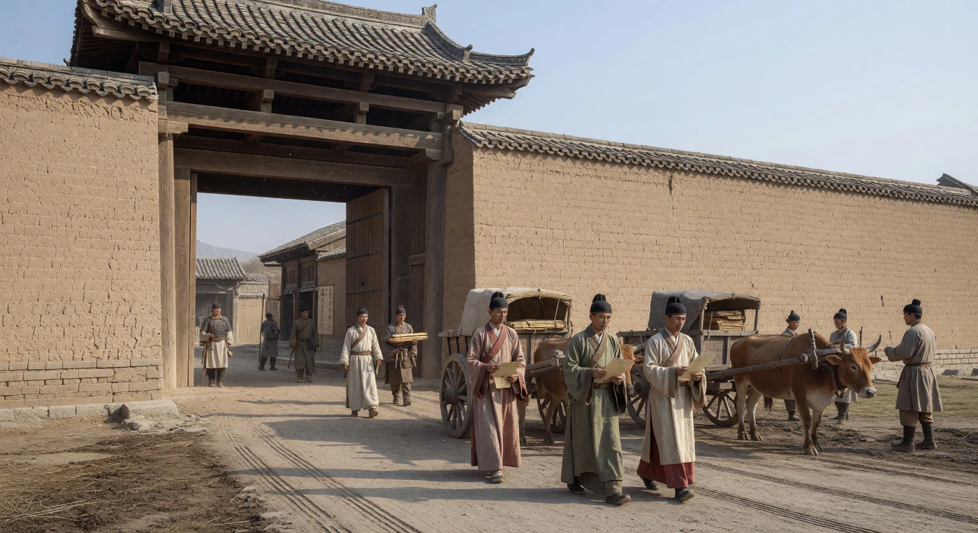 Onder deze monumentale stadspoort van gestampte aarde en zwaar hout beweegt het bestuur van een vroeg Chinees keizerrijk zich voort: ambtenaren in lange gewaden en zwarte kappen lopen naast klerken met bundels bamboestroken, terwijl ossekarren over de harde, gegroefde weg ratelen. Dit tafereel past bij een commanderiestad uit de late Qin- of vroege Westelijke Han-periode, circa 220–150 v.Chr., toen Noord-China werd bestuurd via strak georganiseerde districten, standaardmaten en een groeiende schriftelijke bureaucratie. De zichtbare lagen in de lemen muur, de sobere dakpannen en de ordelijke doorgang tonen de strenge, praktische architectuur waarmee de vroege Chinese staat zijn gezag letterlijk in het landschap verankerde.