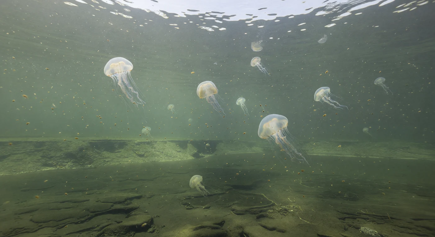 تُظهر هذه اللوحة ازدهارًا عائمًا لقناديل البحر الكمبريّة Burgessomedusa phasmiformis قرب سطح حوض بحري معتدل على هامش لورنتيا قبل نحو 508 ملايين سنة، حيث تنساب أجراسها الشفافة الشاحبة بعرض 15–20 سم وسط سحابة كثيفة من العوالق الغنية بالأكريتاركات ويرقات مفصليات الأرجل الدقيقة تحت ضوء شمسي فضي بارد يخترق ماءً أخضر رماديًا. ينتمي هذا المشهد إلى العصر الكمبري الأوسط، حين كانت البحار المفتوحة تعجّ أساسًا باللافقاريات في عالم يخلو من الأسماك والزواحف البحرية والنباتات الأرضية. وتُعدّ Burgessomedusa من أقدم القناديل الكبيرة المعروفة، شاهدةً على أن مفترسات اللاسعات كانت قد أصبحت بالفعل جزءًا من النظم البيئية البحرية المبكرة في أعماق الزمن السحيقة.