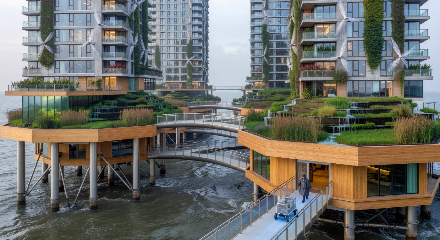 Au cœur de la période du « Seuil » (2025-2050), ce quartier flottant de Rotterdam illustre la transition radicale vers une urbanité symbiotique capable de braver les marées de quatre mètres de la mer du Nord. Des structures en bois lamellé-croisé et en béton auto-cicatrisant s'élèvent sur d'immenses pylônes télescopiques en acier, tandis que des ponts articulés en impression 3D relient des îlots autonomes couronnés de lits de roseaux filtrants. Ce paysage technologique, où les façades se parent de micro-turbines et de verre au graphène, témoigne de l'époque du « Grand Réaménagement », marquant le moment où l'architecture humaine a cessé de s'opposer aux cycles naturels pour s'y intégrer biologiquement.