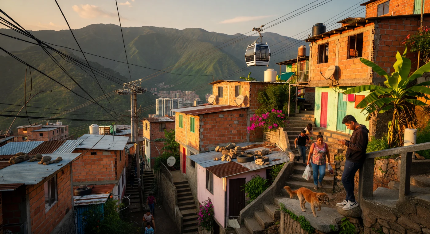 Sur les versants escarpés de Medellín, des habitations denses en briques orangées et en tôle s'accrochent à la montagne, survolées par les cabines modernes du Metrocable qui contrastent avec le chaos des fils électriques. Ce paysage urbain illustre la métamorphose de la ville au début du XXIe siècle, où l'innovation technologique sert d'outil de désenclavement social au sein des quartiers informels. Entre les murs de terre cuite et la végétation tropicale, l'omniprésence des téléphones intelligents parmi les résidents témoigne de l'intégration totale de ces communautés à l'ère numérique globale.