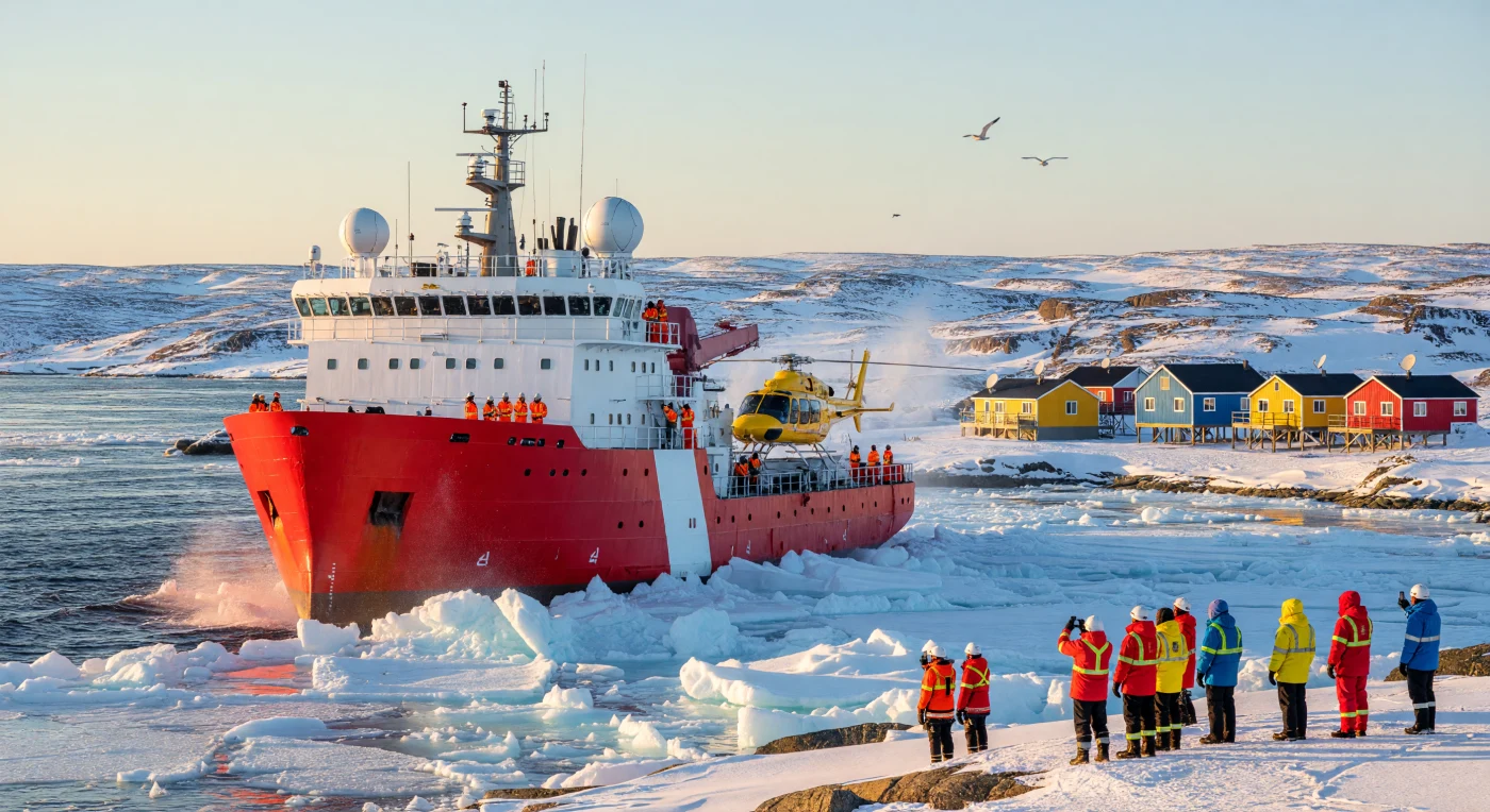 Um imponente quebra-gelo da Guarda Costeira Canadense corta as águas profundas do Mar de Labrador em Nunavik, fragmentando o gelo ártico sob a luz dourada de um sol de baixa altitude. A cena ilustra a conectividade da Era Digital, com a embarcação equipada com domos de satélite VSAT e radares modernos, enquanto moradores Inuit na costa documentam a chegada com smartphones, unindo tradições ancestrais e tecnologia de ponta. Este registro do início do século XXI destaca a importância logística e científica dessas missões para as comunidades remotas do norte, em um período marcado pela globalização da força de trabalho marítima e pelas rápidas transformações climáticas nas regiões polares.