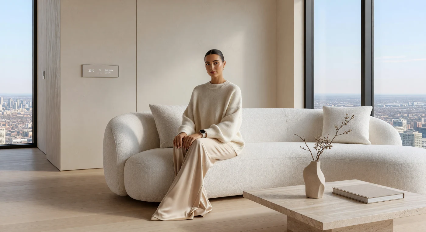 This interior captures the "Quiet Luxury" and "Clean Girl" aesthetics prevalent in urban centers between 2022 and 2024. The scene highlights the era's preference for a "stealth wealth" philosophy, characterized by high-end, logo-free materials like cashmere, silk, and bouclé wool set against a minimalist, monochromatic architectural backdrop. This period of the Digital Age was defined by the seamless integration of technology into the home, seen here in the discreet smart-home interface, reflecting a cultural shift toward curated simplicity and high-tech domesticity.