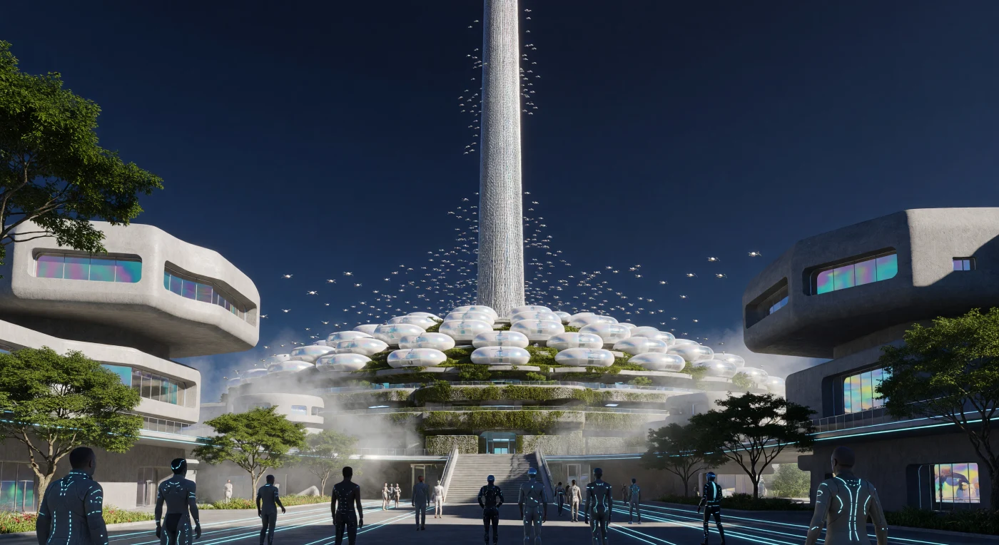 Deze monumentale terminus in Quito markeert het hoogtepunt van de 'Augmented Dawn' (circa 2085), waarbij een vier kilometer brede basis van iriserende 'Living Shell'-architectuur een ragfijne lift van geweven koolstofnanobuizen tot in de diepblauwe stratosfeer verankert. Het omliggende terrein wordt geflankeerd door de 'Ring van Naties', massieve ambassades van zelfherstellend bio-beton versterkt met de kalkvormende bacterie *Bacillus pseudofirmus*, die de technologische evolutie naar een koolstofnegatieve beschaving illustreren. Te midden van genetisch gemodificeerde Titan-eiken en actieve zwermen Spider-Bots getuigt de aanwezigheid van augmented *Homo sapiens* van een uniek historisch moment waarin de menselijke ambitie de grens tussen de biosfeer en de vacuüm van de ruimte definitief overbrugde.
